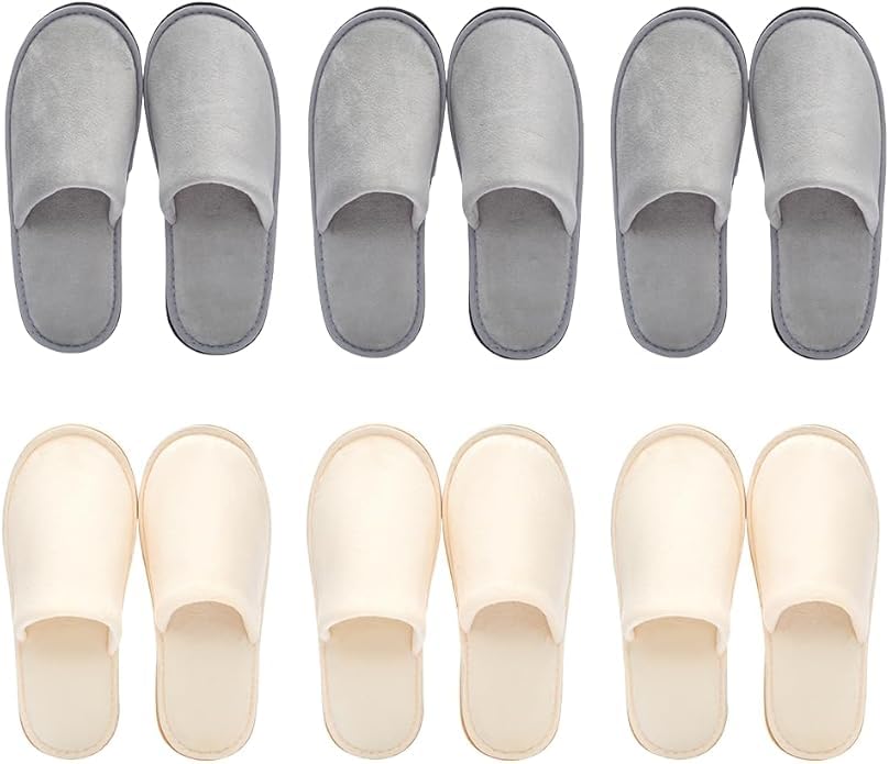 6 Pairs Premium Spa Slippers Gray & Beige – Soft Non-Slip Guest Slippers for Hotel and Bridal