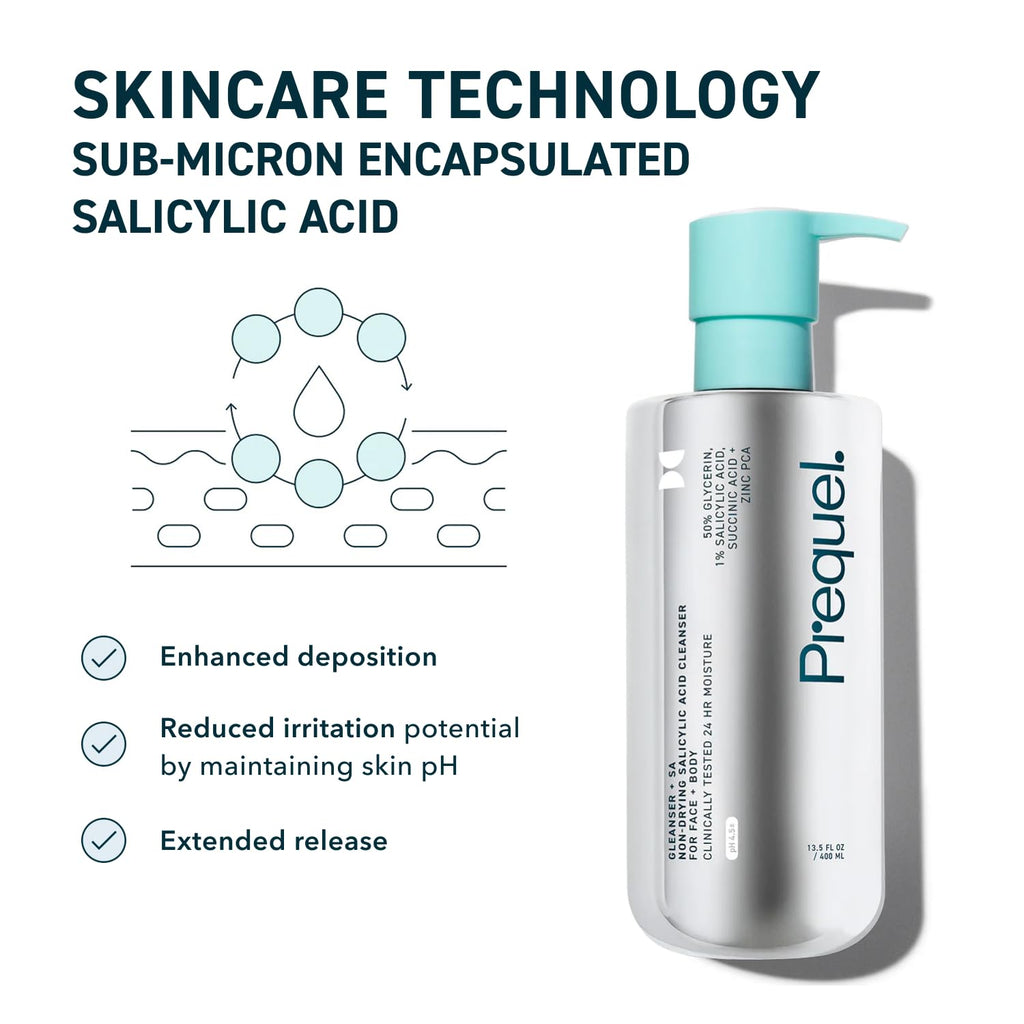 Prequel Skin Gleanser SA – Moisturizing Glycerin Face Wash with 1% Salicylic Acid (Unscented, 2 x 13.5 oz)