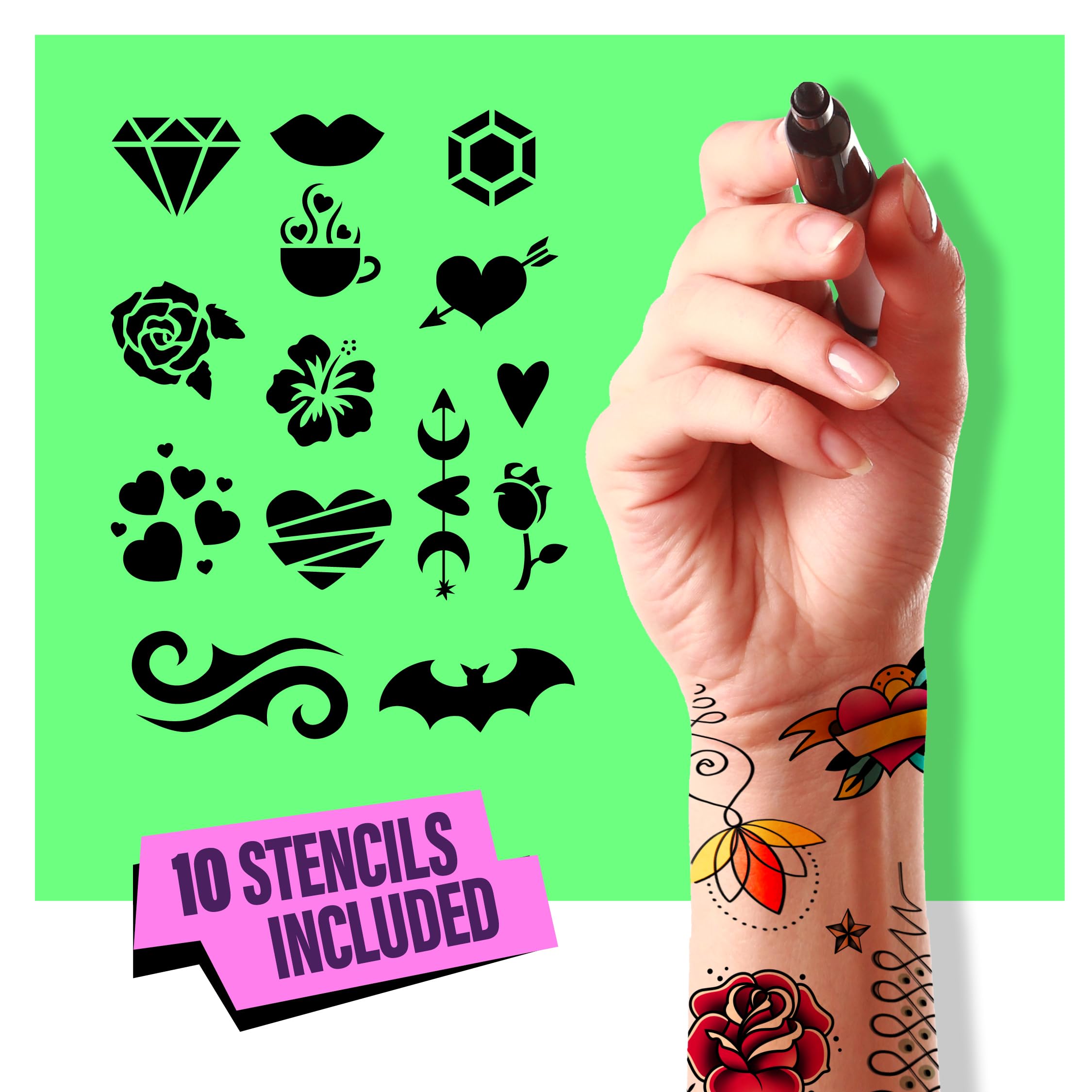 Pretty Me Temporary Tattoos Markers Kit – 6 Vivid Pens + 10 Stencils for Teens & Adults