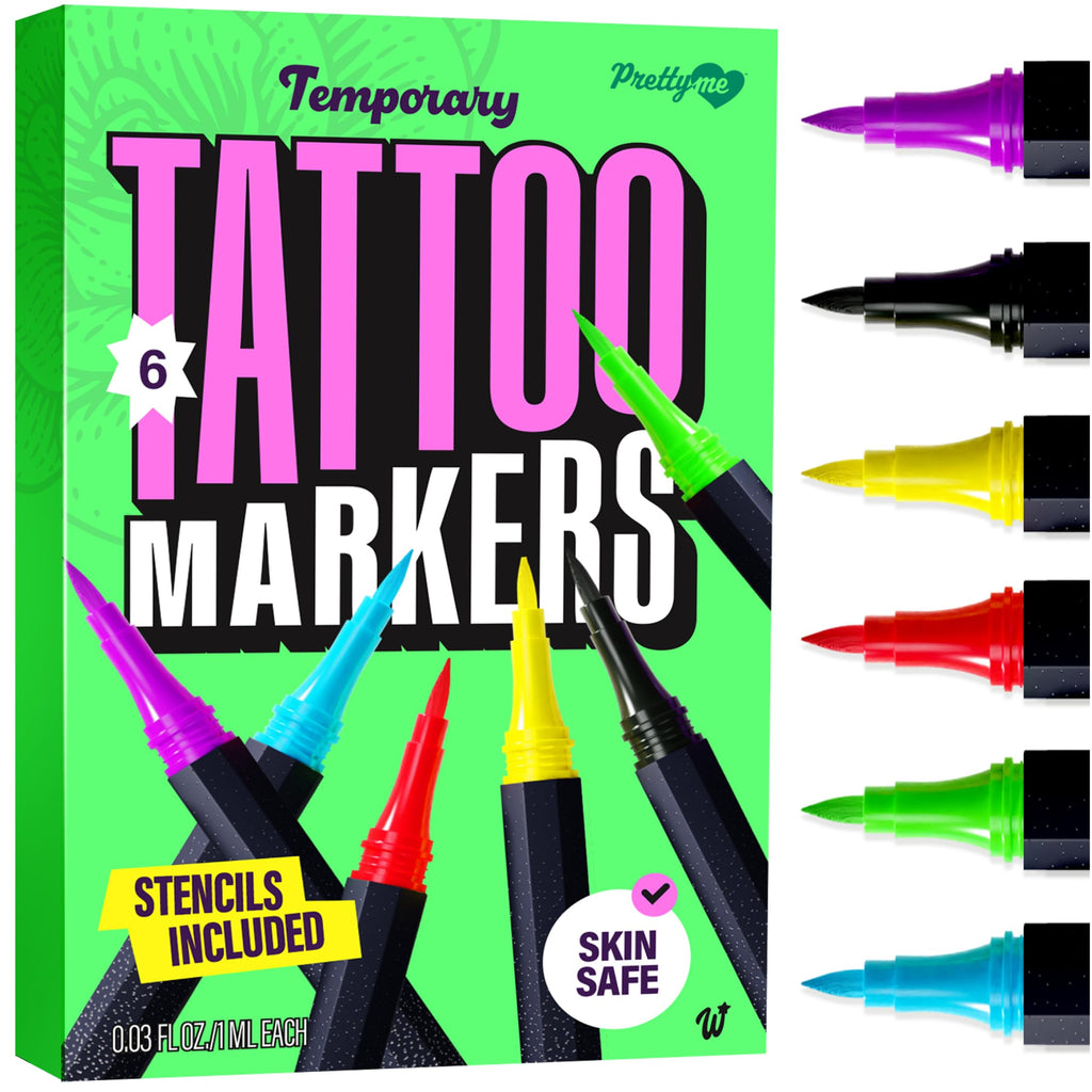 Pretty Me Temporary Tattoos Markers Kit – 6 Vivid Pens + 10 Stencils for Teens & Adults