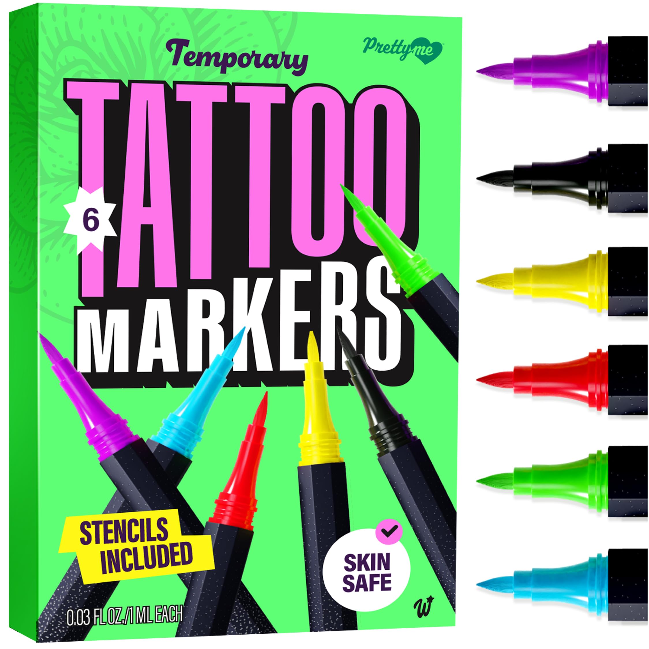 Pretty Me Temporary Tattoos Markers Kit – 6 Vivid Pens + 10 Stencils for Teens & Adults