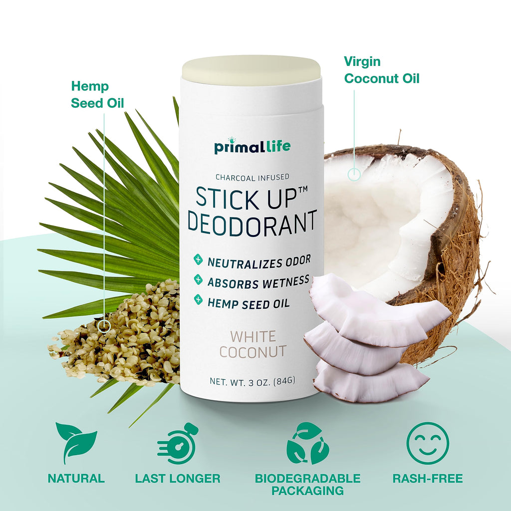 Primal Life Organics Stick Up Natural Deodorant – White Coconut, Bentonite Clay, Magnesium, 3 oz