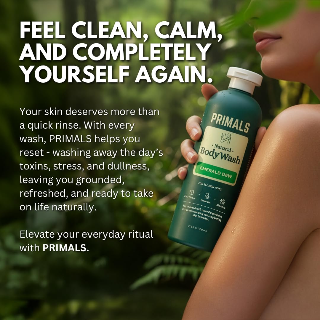 PRIMALS Natural Body Wash - Aloe Vera, Raw Honey & Green Tea | 13.5 Fl Oz