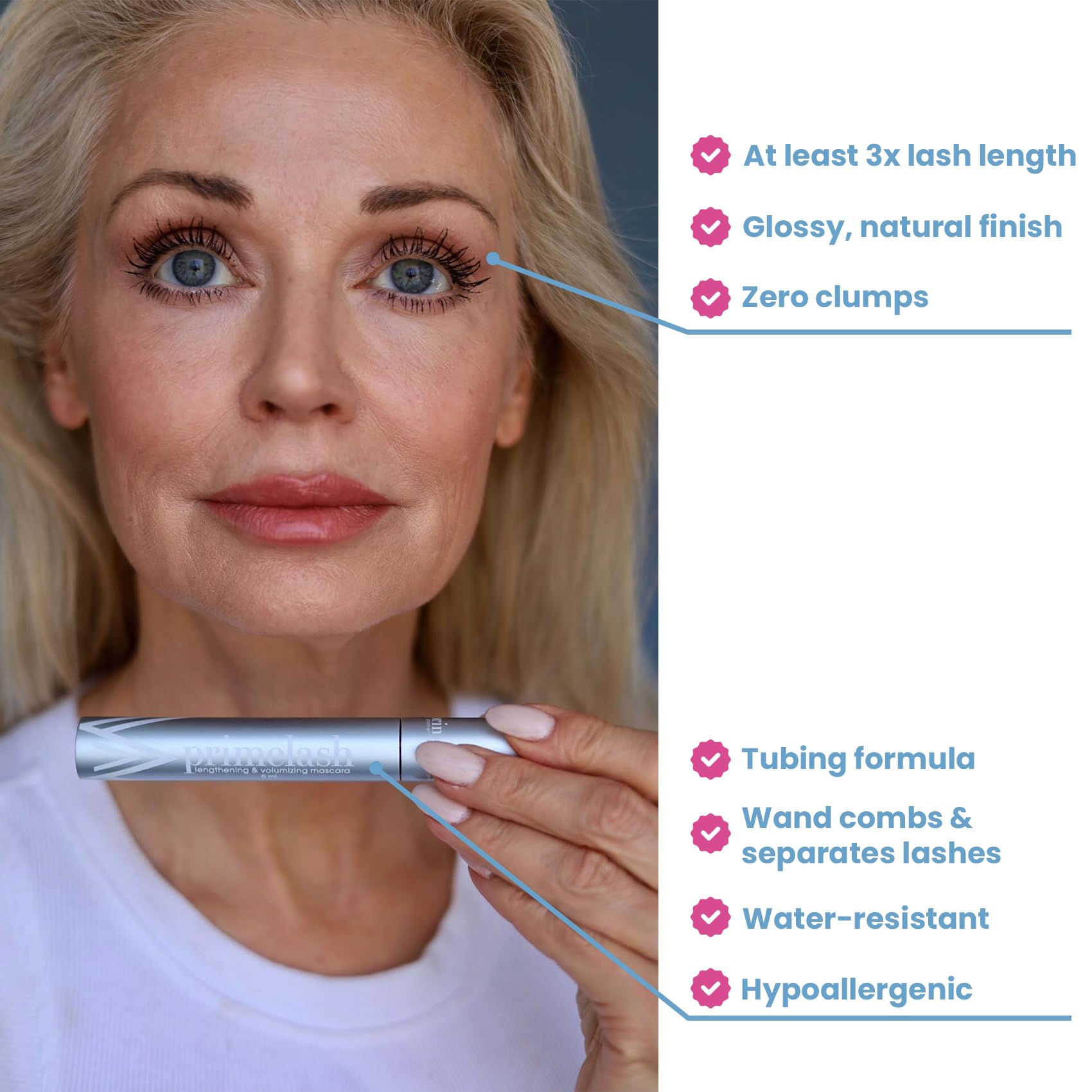 PrimeLash Mascara for Mature Lashes by PRIME PROMETICS – Volumizing, Lengthening, Hypoallergenic (Blue)