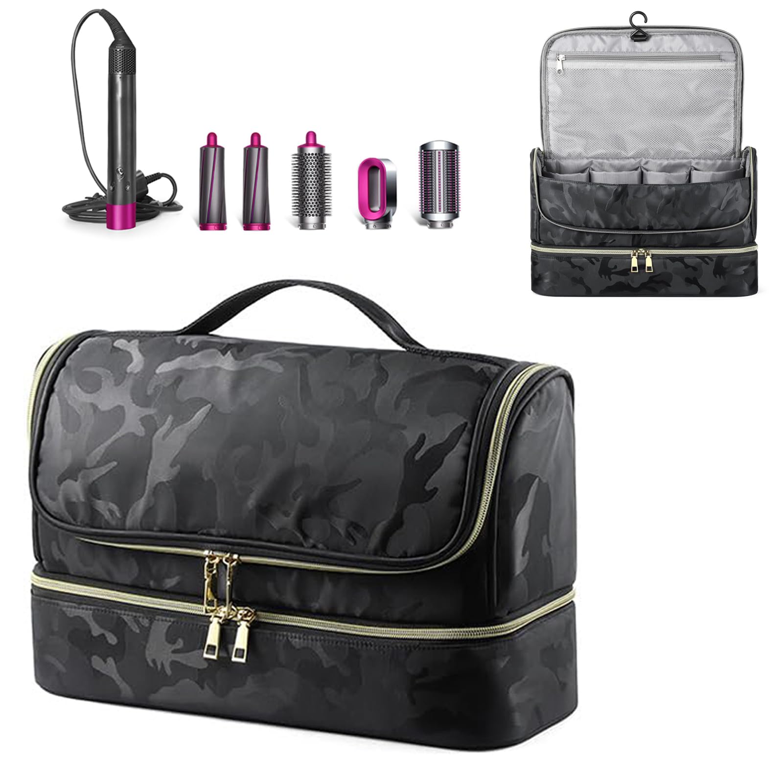 Pripher Double-Layer Travel Case for Dyson Airwrap & Shark Flexstyle – Waterproof, Camo Black