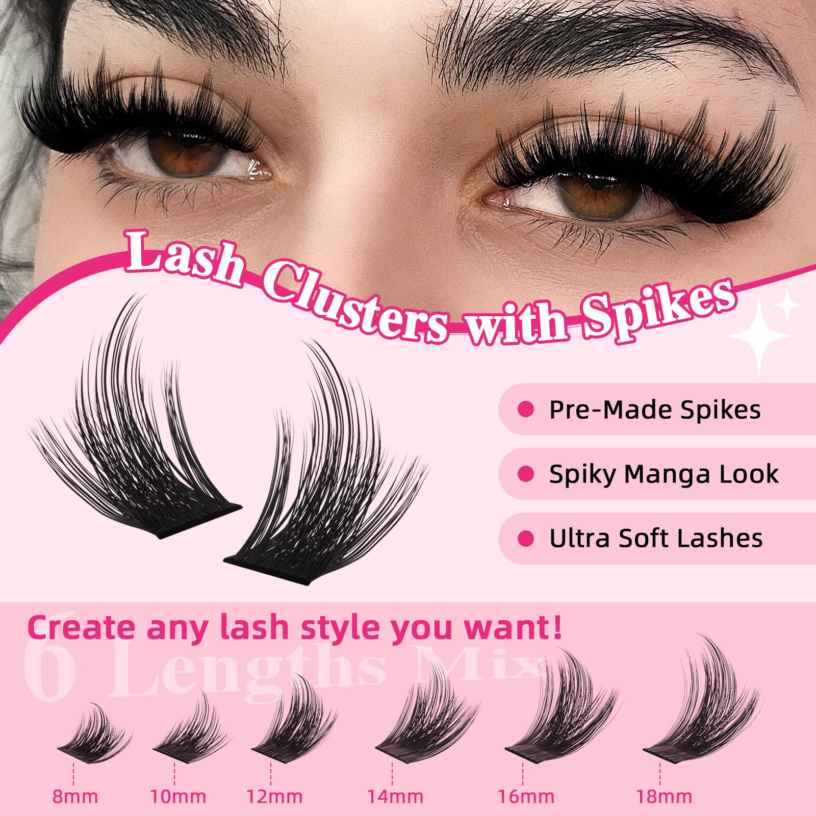 PRO LASHBEAUTY Spiky Lash Clusters Kit 100D – DIY Manga Lash Extensions at Home (8–18mm Mix)