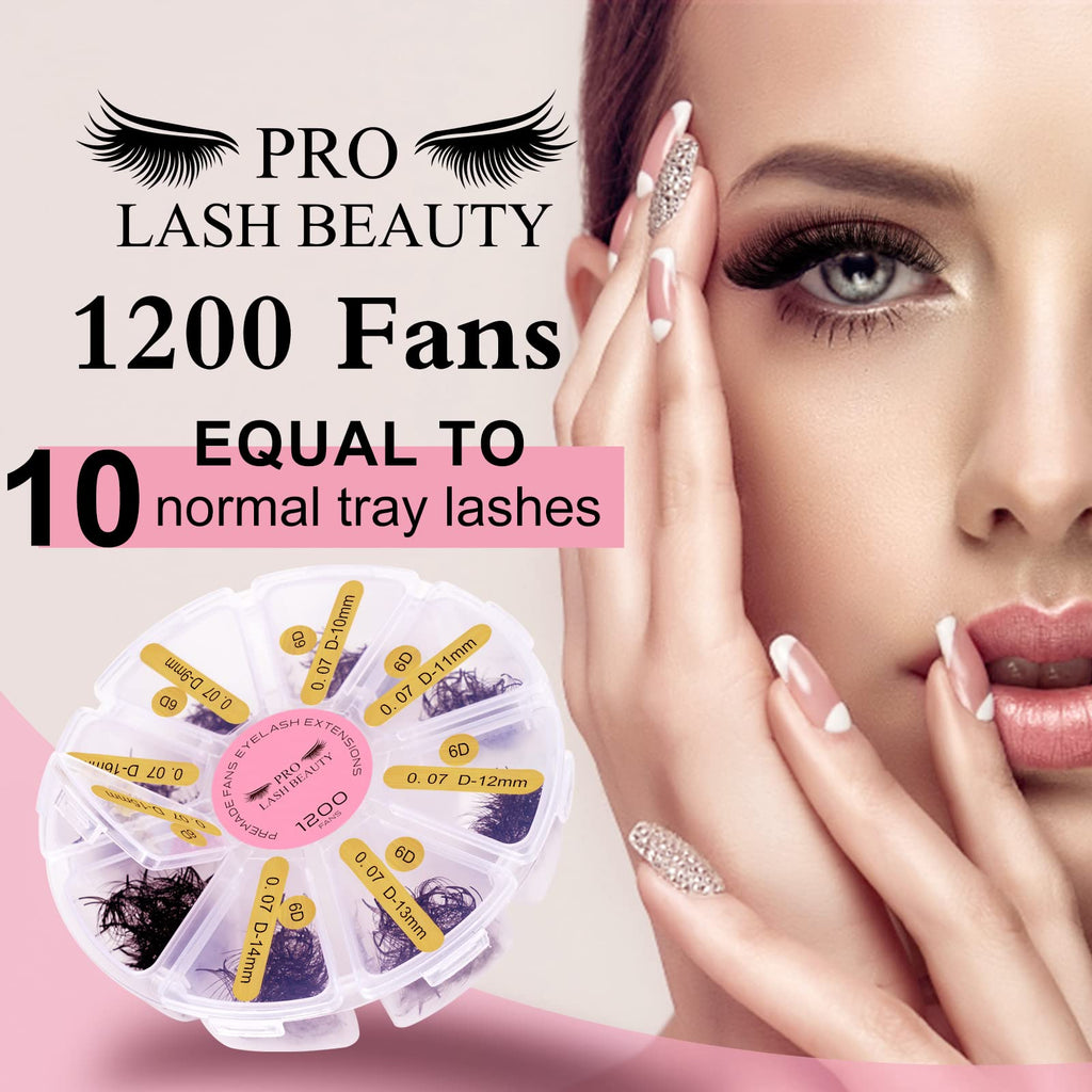 PRO LASHBEAUTY 1200 Fans Premade Volume Lashes | 5D–14D Mixed Tray, 0.07mm