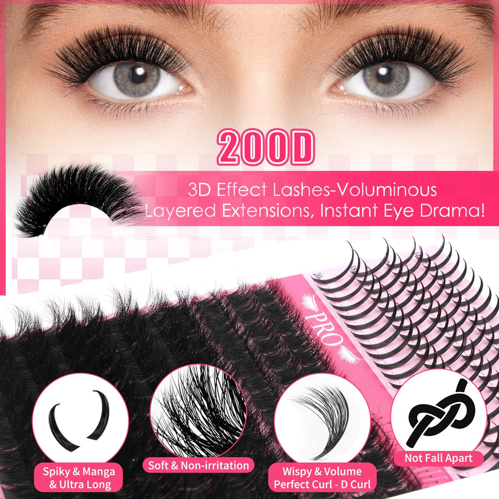 PRO LASHBEAUTY Lash Clusters Kit 3D Spiky Wispy – DIY Lash Extensions with Bond & Seal