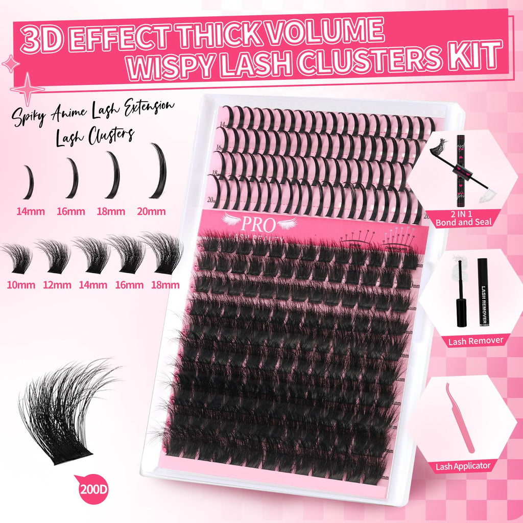 PRO LASHBEAUTY Lash Clusters Kit 3D Spiky Wispy – DIY Lash Extensions with Bond & Seal