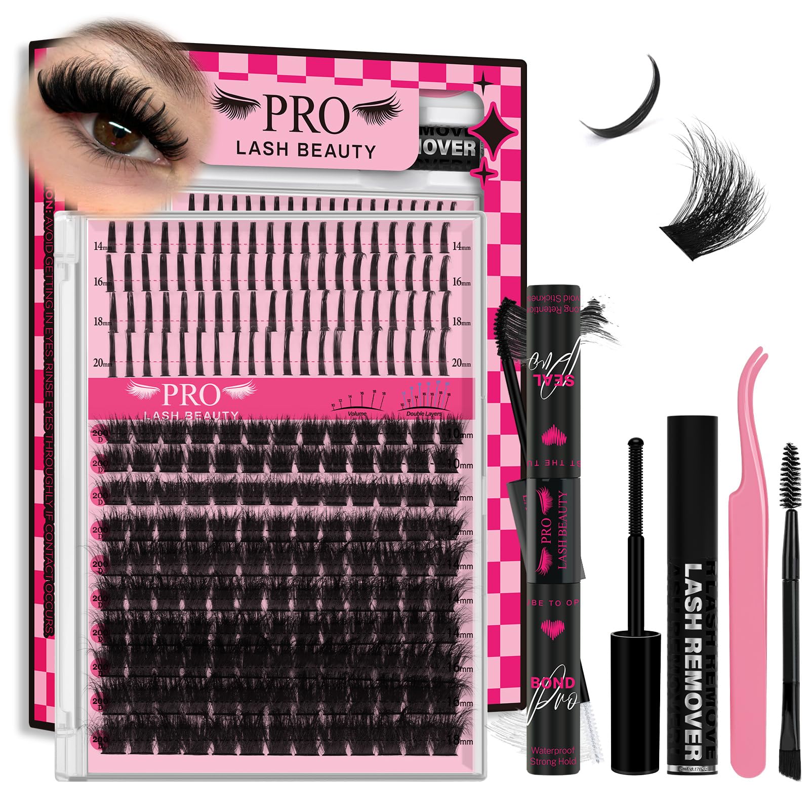PRO LASHBEAUTY Lash Clusters Kit 3D Spiky Wispy – DIY Lash Extensions with Bond & Seal