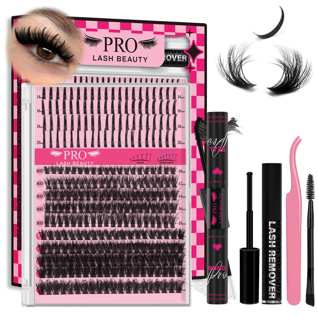 PRO LASHBEAUTY Lash Clusters Kit 80D+100D Spikes 3D Style — DIY Home Lashes with Bond, Seal, Remover & Tweezers
