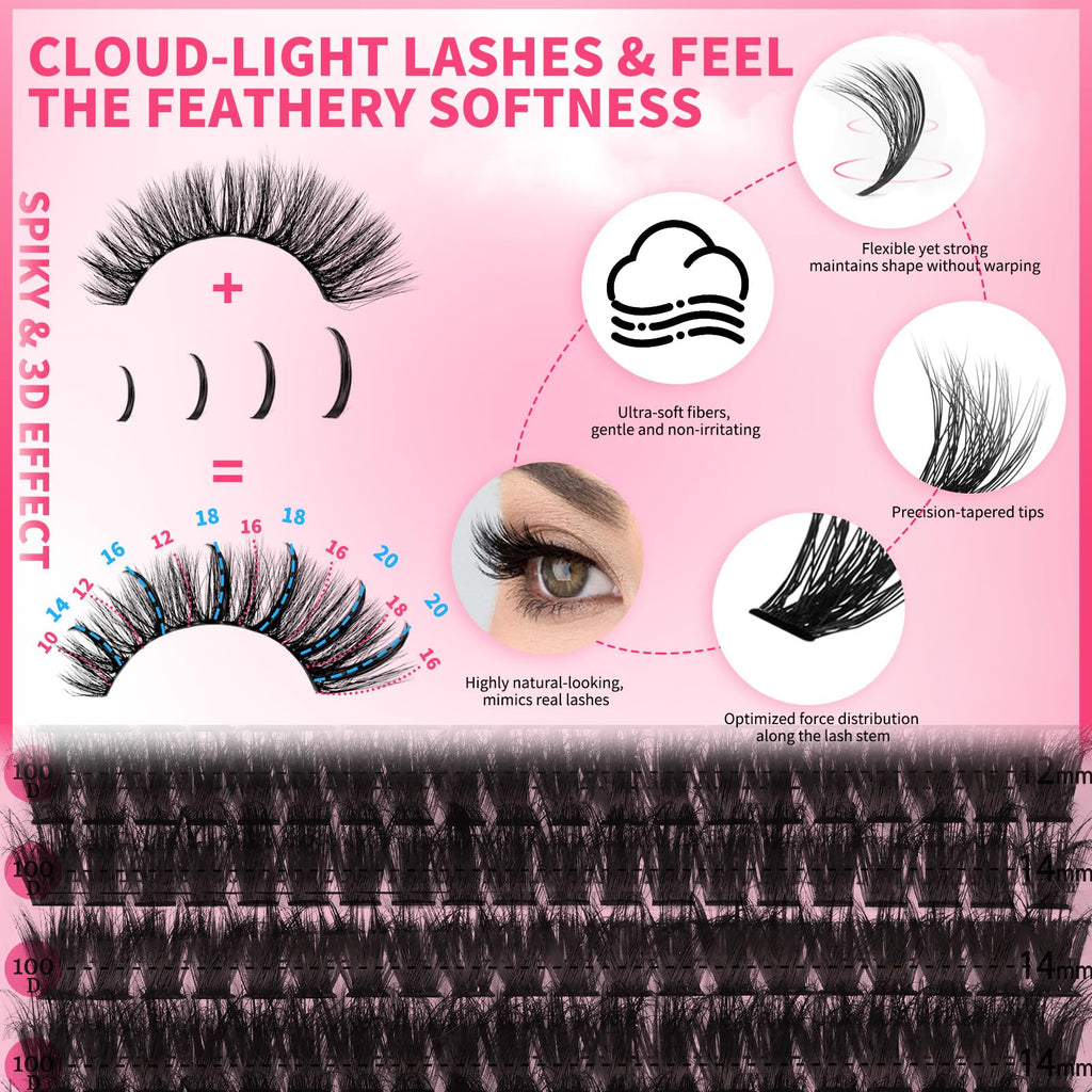 PRO LASHBEAUTY Lash Clusters with Spikes Kit - 100D 10-18mm 3D Style DIY Lashes