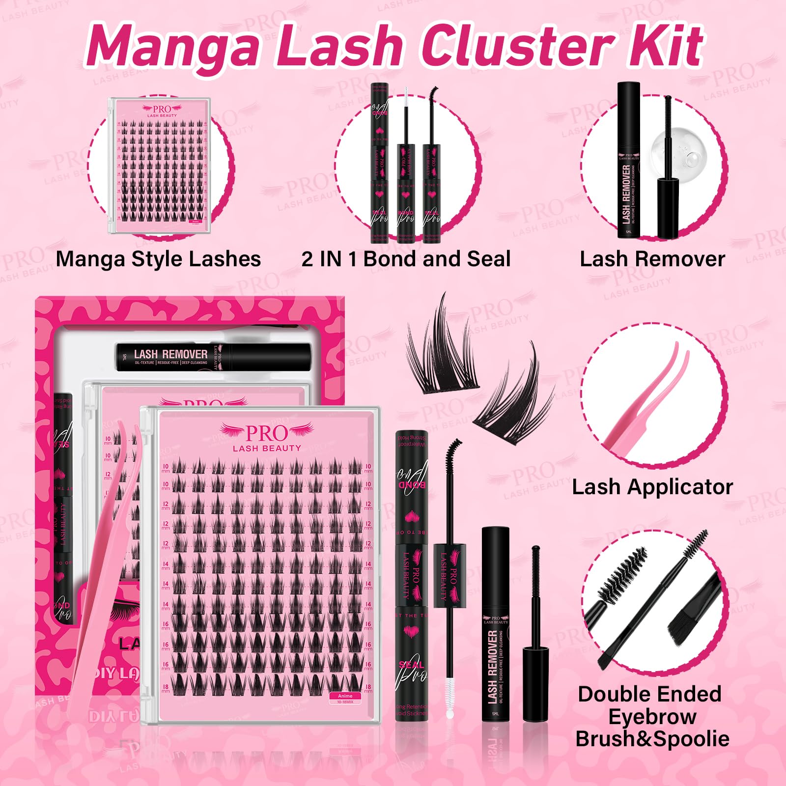 PRO LASHBEAUTY Manga Lash Clusters Kit – Anime Lash Volume with Ultra-Thin Band and Bond & Seal