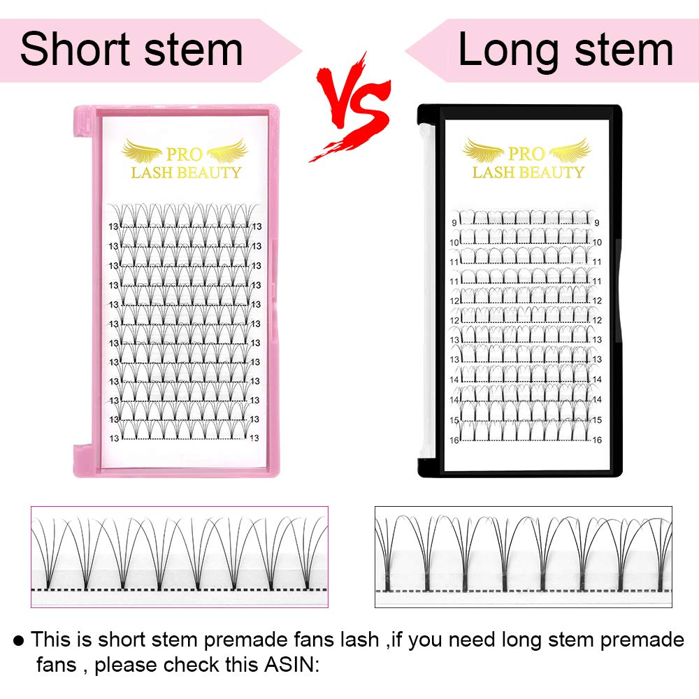 PRO LASHBEAUTY Premade Fans Eyelash Extensions 4D-D-0.10 | Short Stem, 9–20 mm