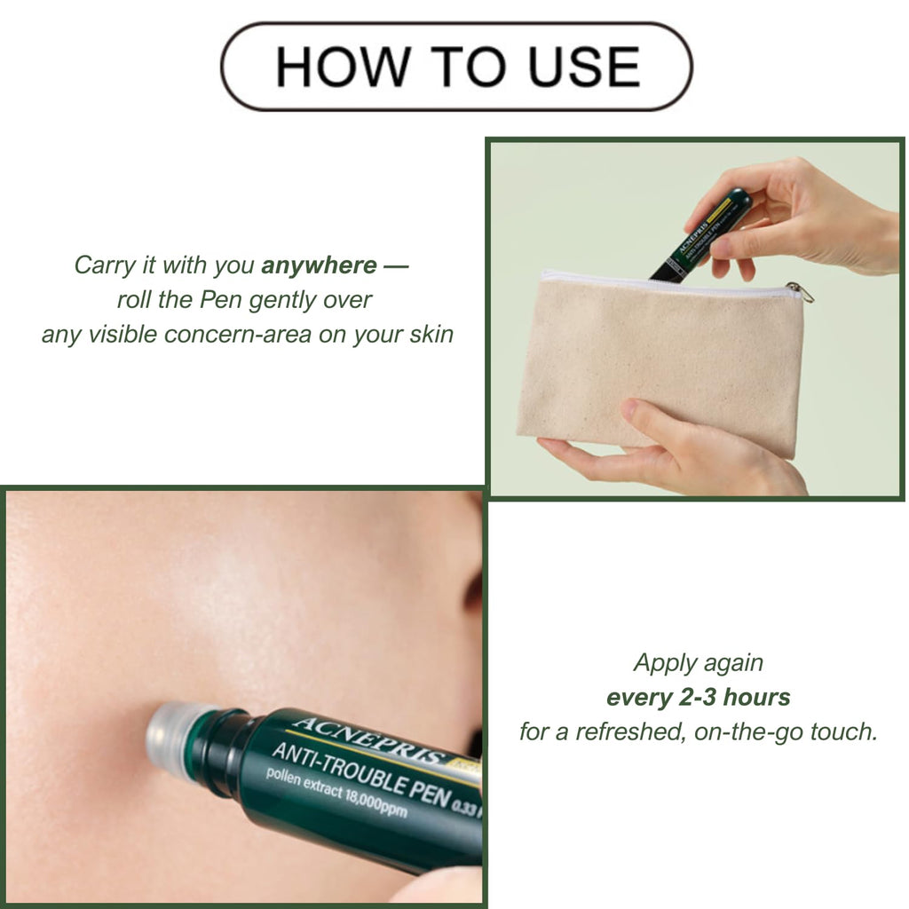 Produco BIOLEE ACNEPRIS Acne Pimple Spot Serum Pen | Pine Pollen Roll-On 10 mL (0.34 fl oz) Non-Comedogenic Stainless-Steel Roller