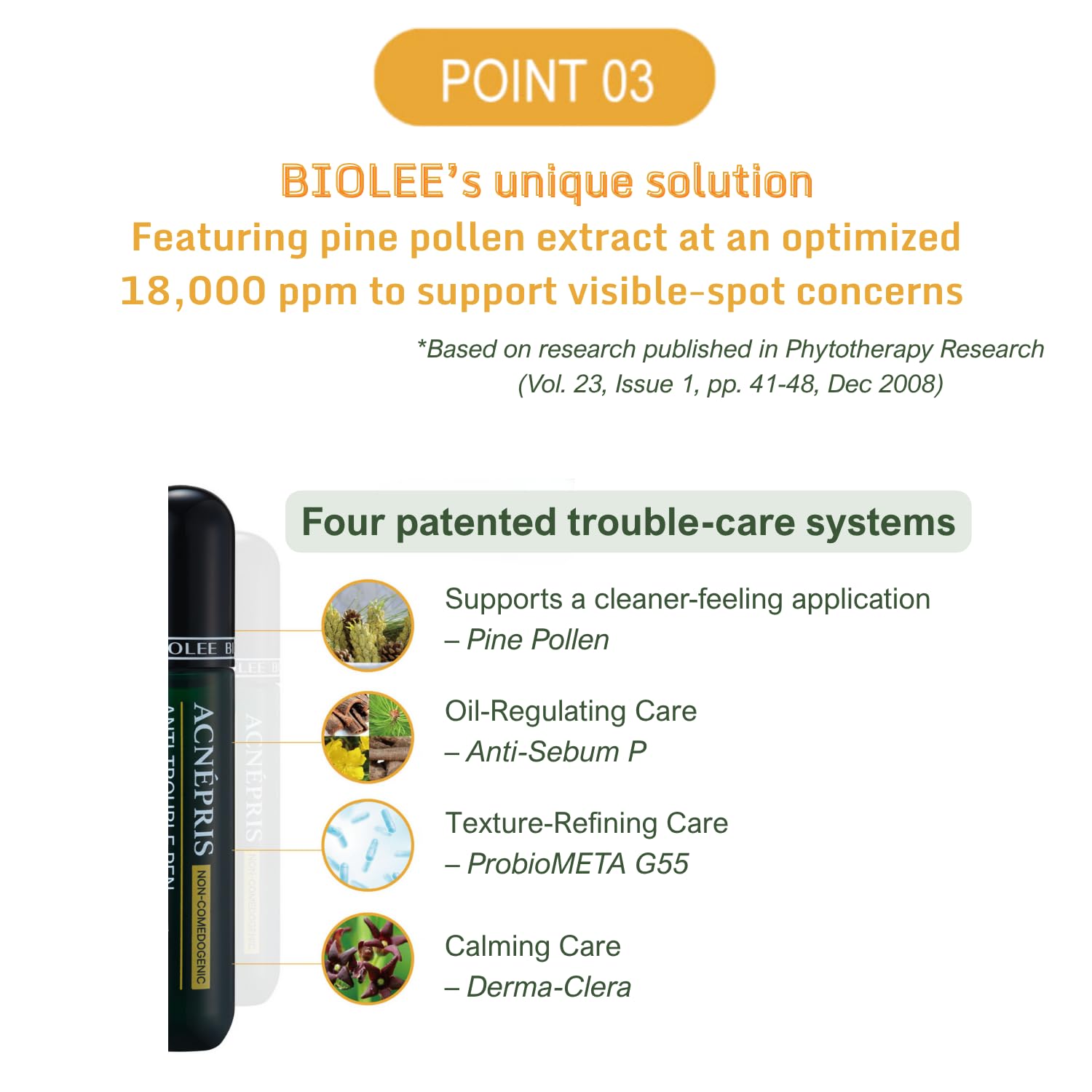 Produco BIOLEE ACNEPRIS Acne Pimple Spot Serum Pen | Pine Pollen Roll-On 10 mL (0.34 fl oz) Non-Comedogenic Stainless-Steel Roller