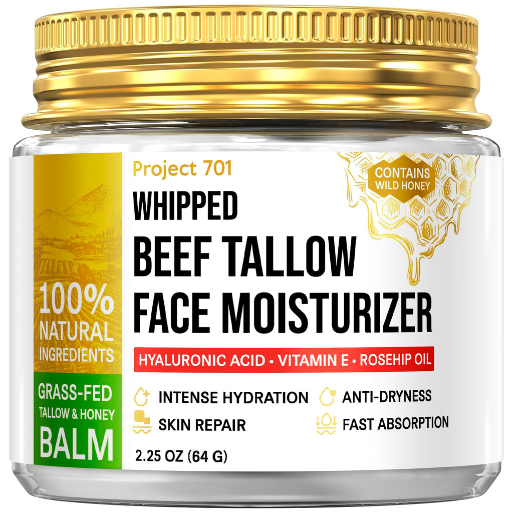 PROJECT 701 Beef Tallow Face Moisturizer — Grass-Fed Tallow, Honey & Liposomal Hyaluronic Acid | Glass Jar