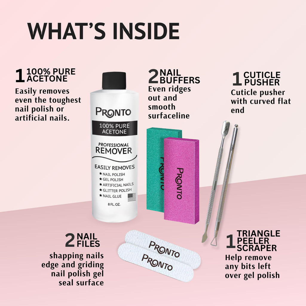 Pronto Acetone Nail Polish Remover 8oz with Manicure Kit – 100% Acetone for Quick Gel & Acrylic Removal