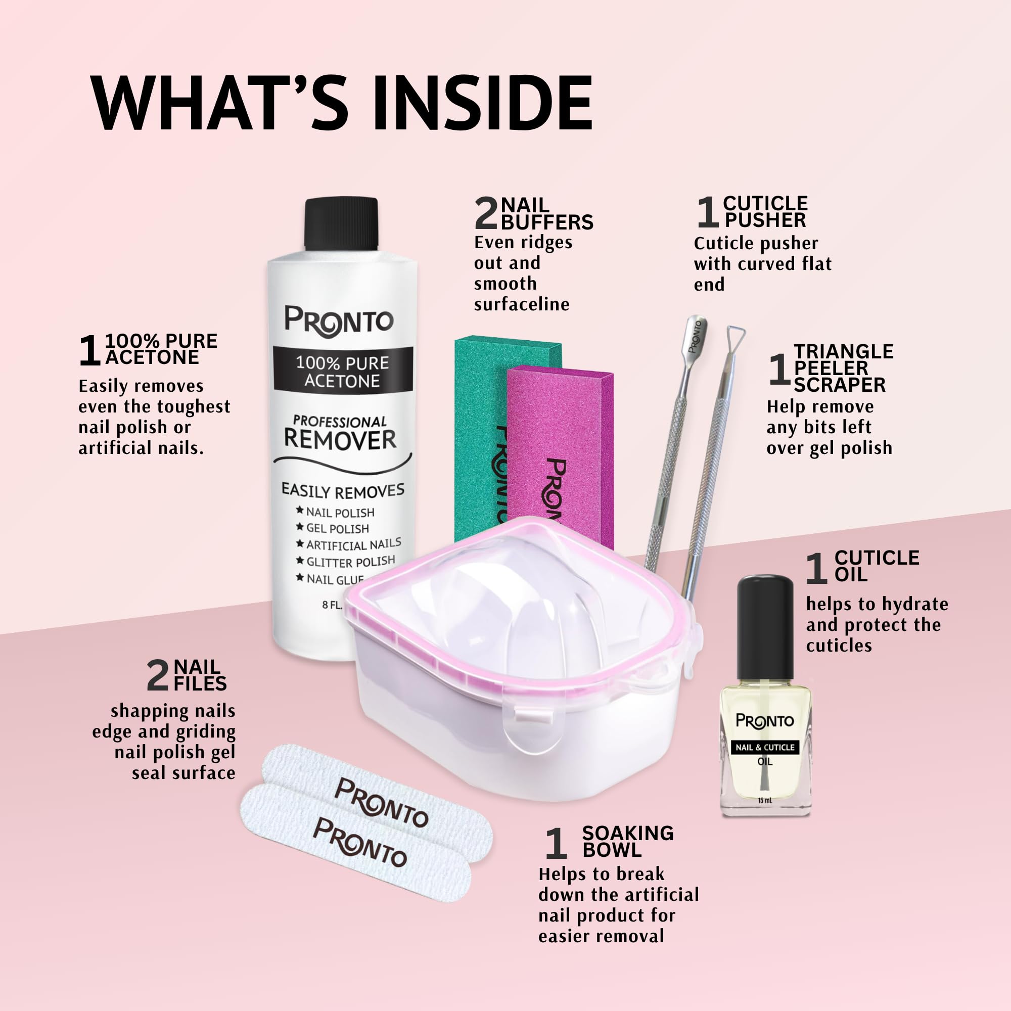 Pronto Gel Nail Polish Remover Kit – 8oz Pure Acetone, Nail File & Soak-Off Bowl