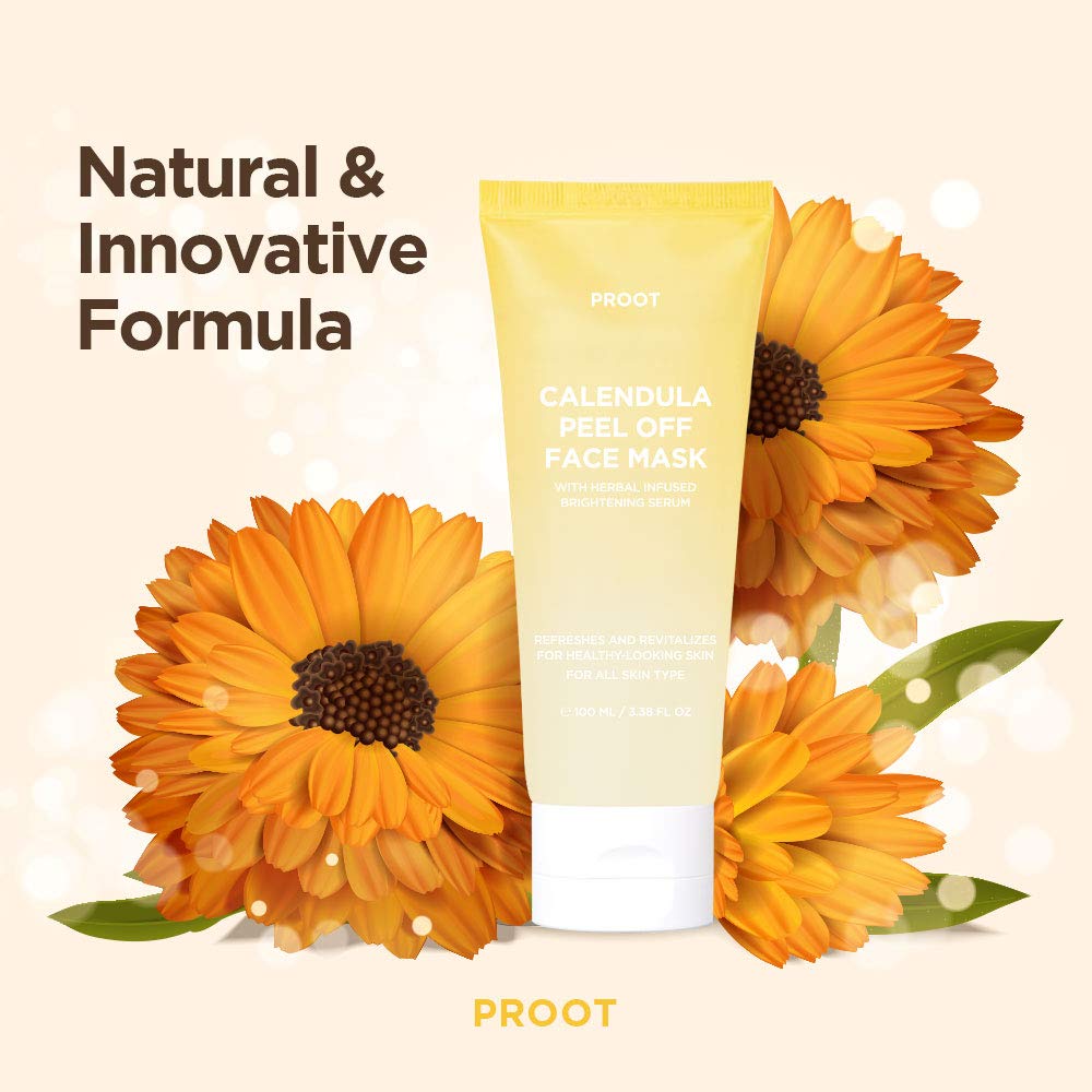 PROOT Calendula Peel Off Mask | Herbal Infused Brightening Serum with Real Calendula Leaves & Extracts | Korean Skin Care, Vegan, Cruelty-Free | 3.38 oz