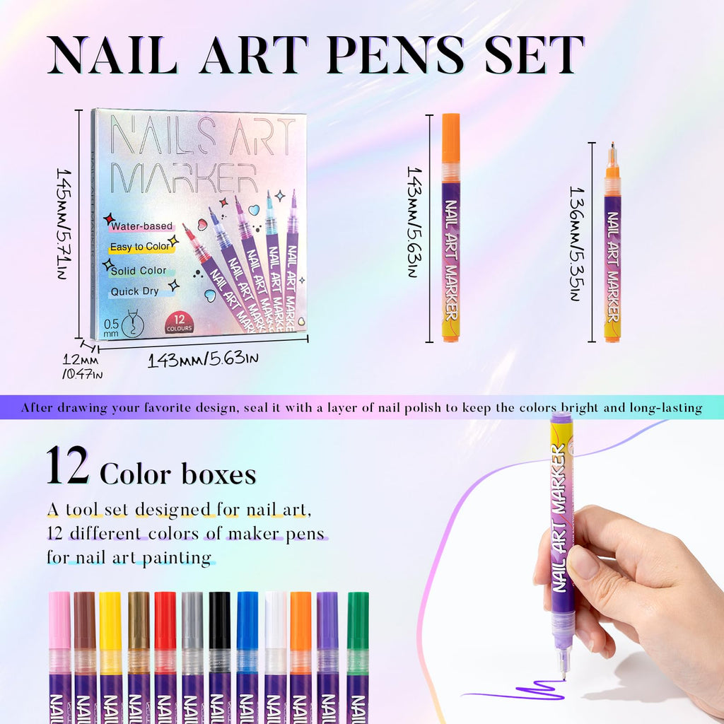 PROTECTMETER Nail Art Pens — 12 Colors, 0.5mm Fine Tip, Quick-Dry Water-Based Kit