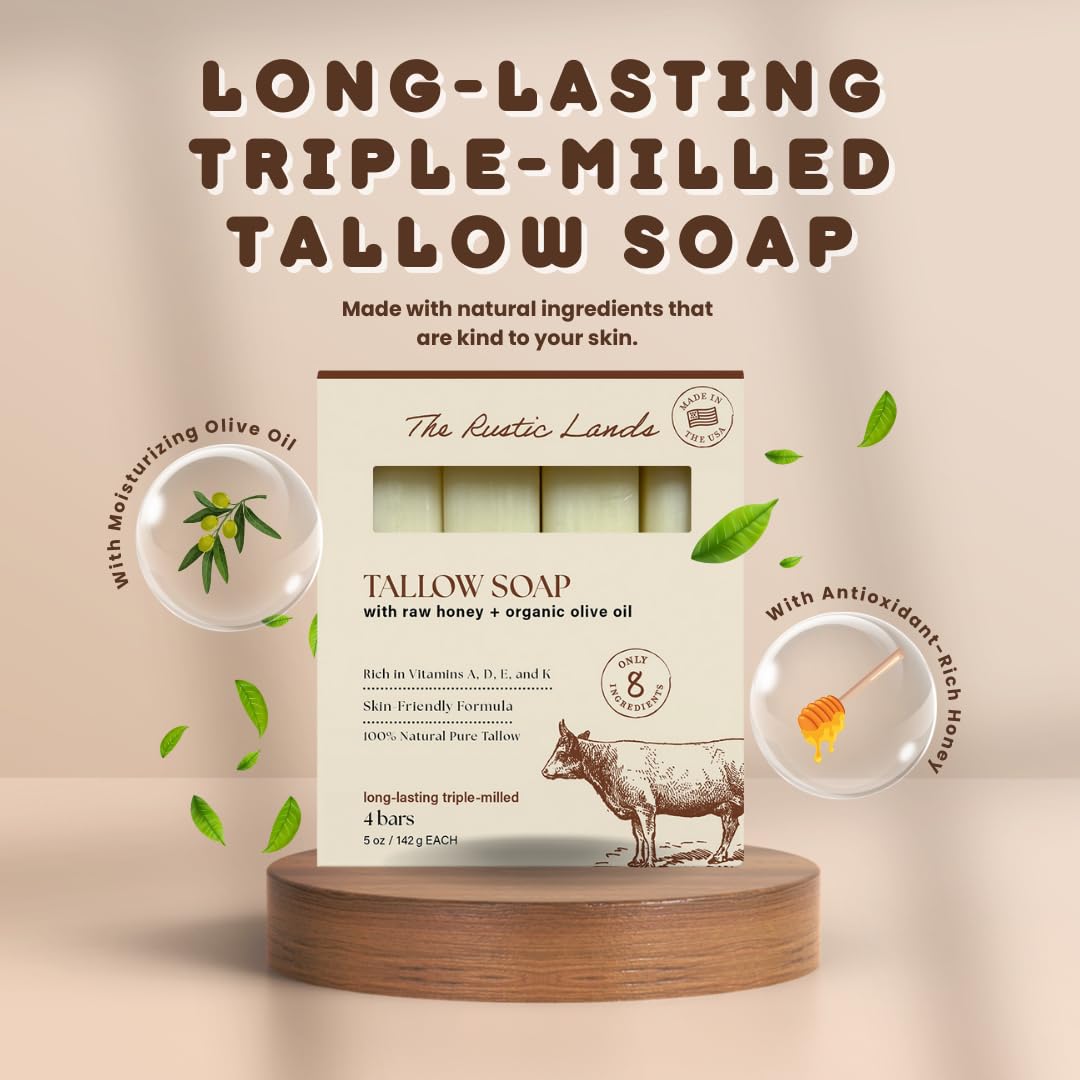 PROVENCE ESSENTIALS The Rustic Lands: 4 Natural Tallow Soap Bars with Grass-Fed Tallow, Honey & Olive Oil | Made in USA