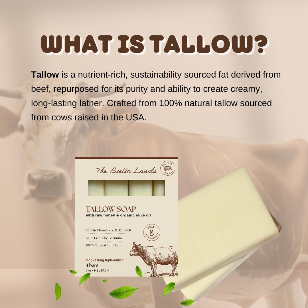 PROVENCE ESSENTIALS The Rustic Lands: 4 Natural Tallow Soap Bars with Grass-Fed Tallow, Honey & Olive Oil | Made in USA