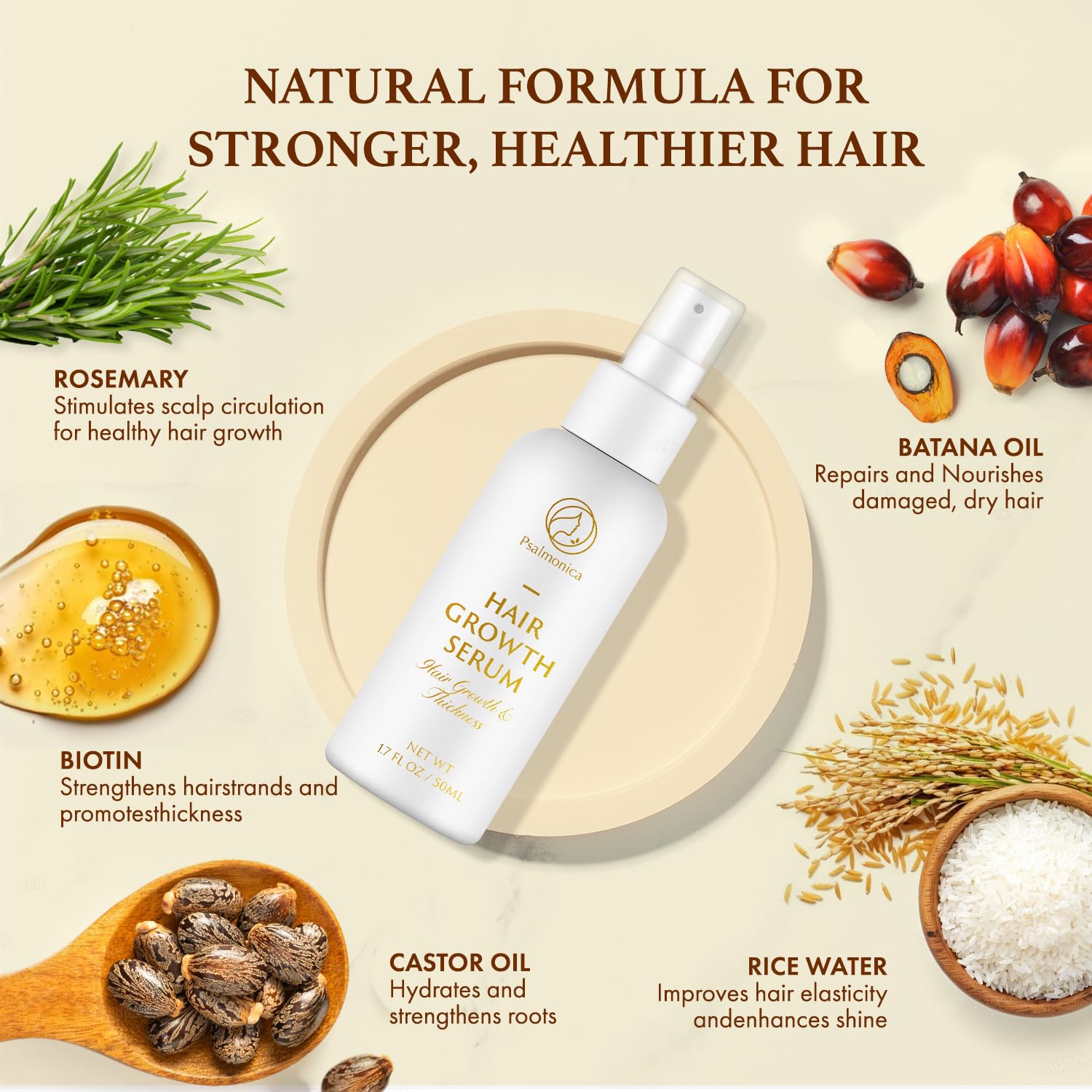 Psalmonica Hair Growth Serum - Rosemary, Batana Oil, Castor Oil, Rice Water, Biotin | 50 ml