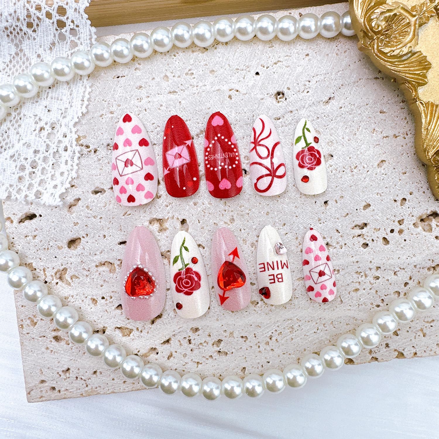 PSBRBAD 24Pcs Valentines Press On Nails – Almond Shape with Bow, Rose Designs & Heart Pearls