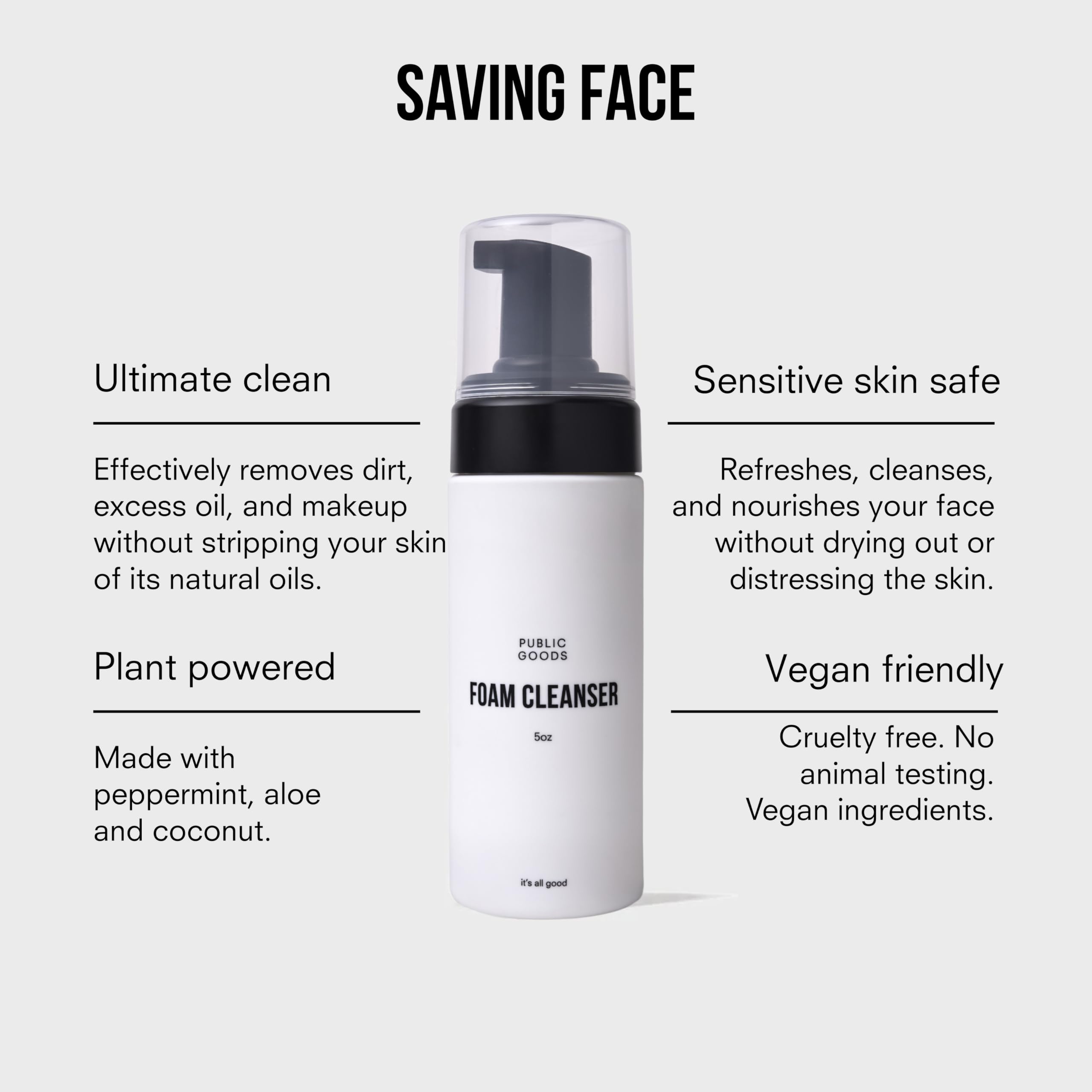 Public Goods Facial Cleanser & Moisturizer for Men & Women | Hydrating Foaming Cleanser | Makeup Remover | Vegan Friendly | Made in USA | 5 Fl Oz Bottle (Pack of 2)