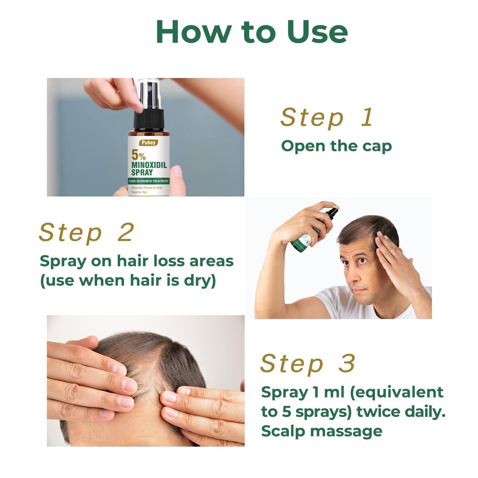 Pugbey 5% Minoxidil Spray for Hair Growth – Men & Women, Beard & Scalp, 3.38 oz (2 Month Supply)
