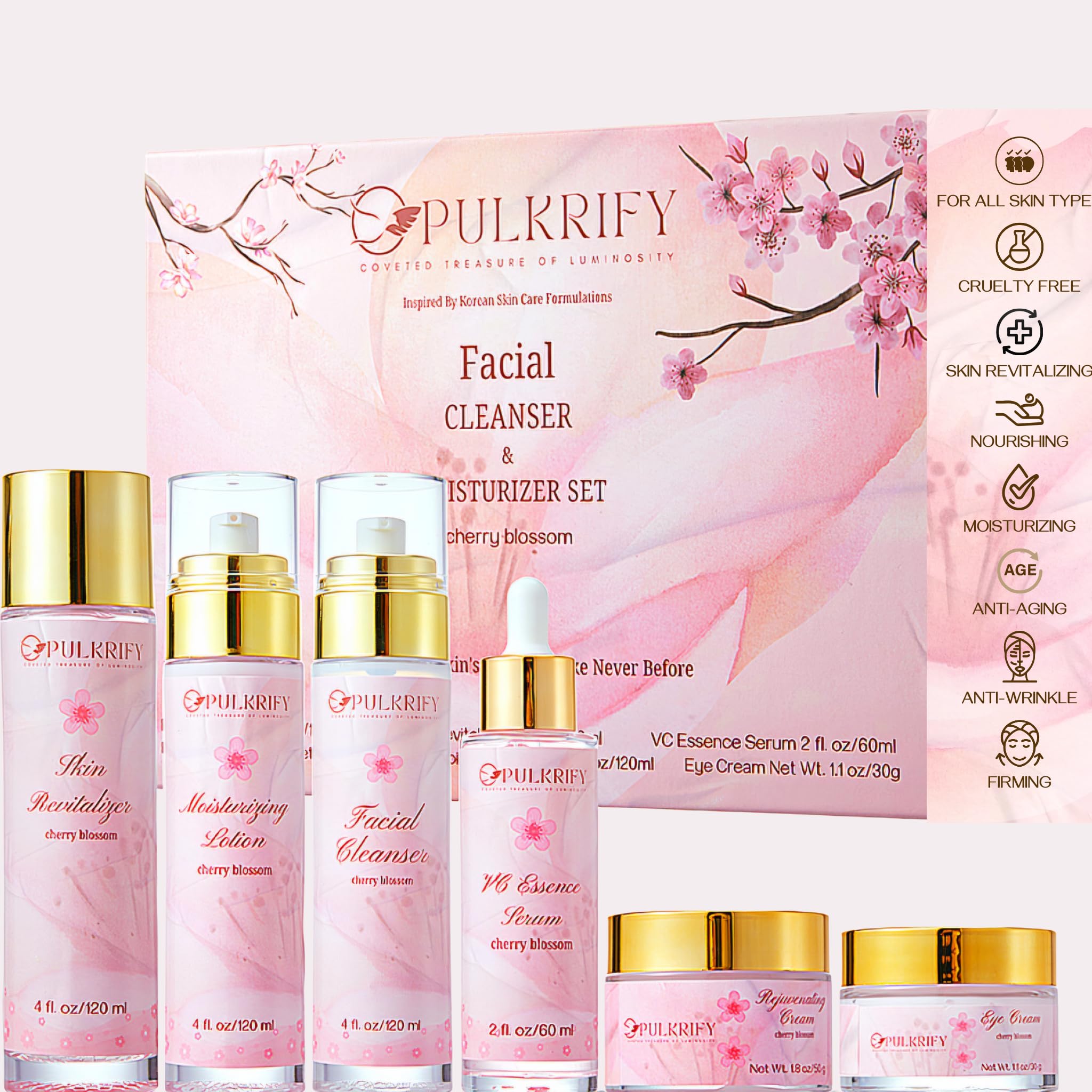PULKRIFY Cherry Blossom Skincare Set – Luxury 6-Piece Korean Style Cleanser & Moisturizer (Retinol-Free, All Skin Types)