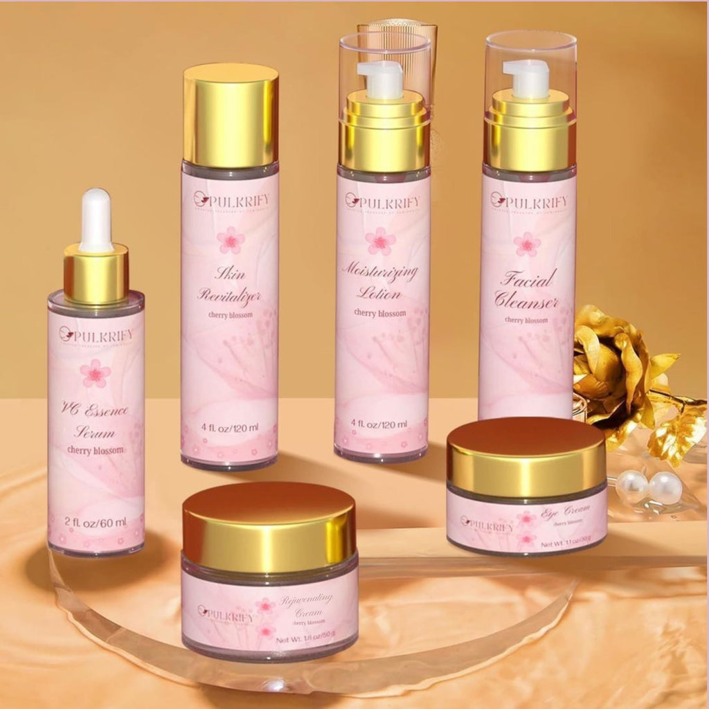 PULKRIFY Cherry Blossom Skincare Set – Luxury 6-Piece Korean Style Cleanser & Moisturizer (Retinol-Free, All Skin Types)