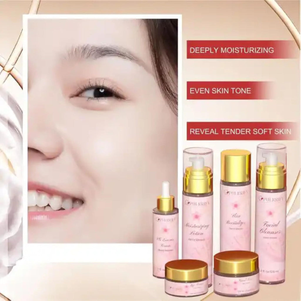 PULKRIFY Cherry Blossom Skincare Set – Luxury 6-Piece Korean Style Cleanser & Moisturizer (Retinol-Free, All Skin Types)