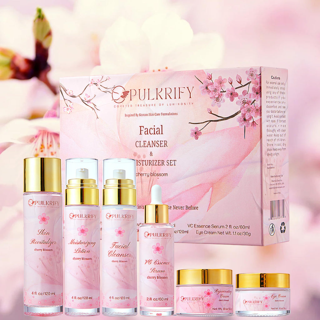 PULKRIFY Cherry Blossom Skincare Set – Luxury 6-Piece Korean Style Cleanser & Moisturizer (Retinol-Free, All Skin Types)