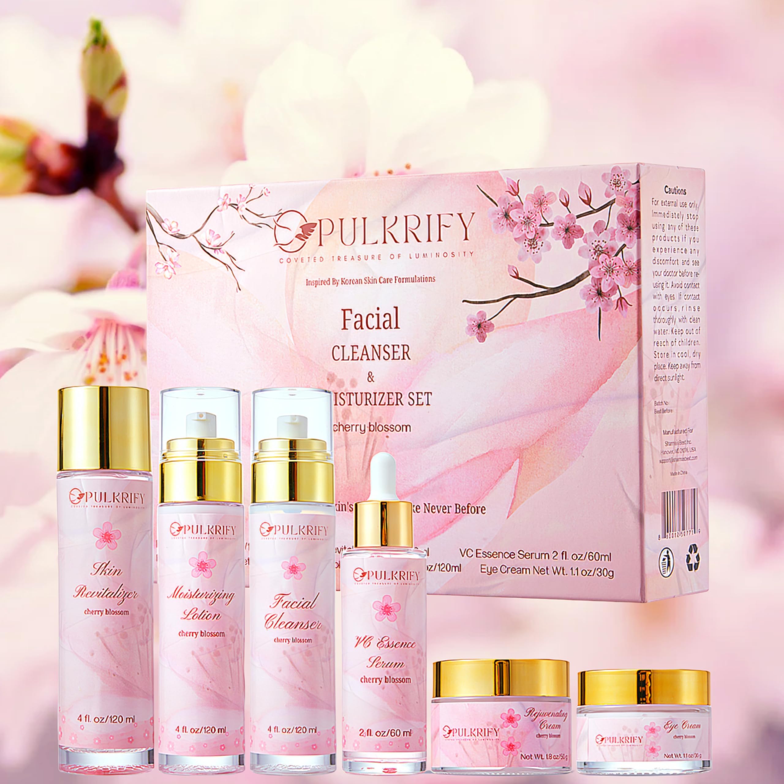 PULKRIFY Cherry Blossom Skincare Set – Luxury 6-Piece Korean Style Cleanser & Moisturizer (Retinol-Free, All Skin Types)