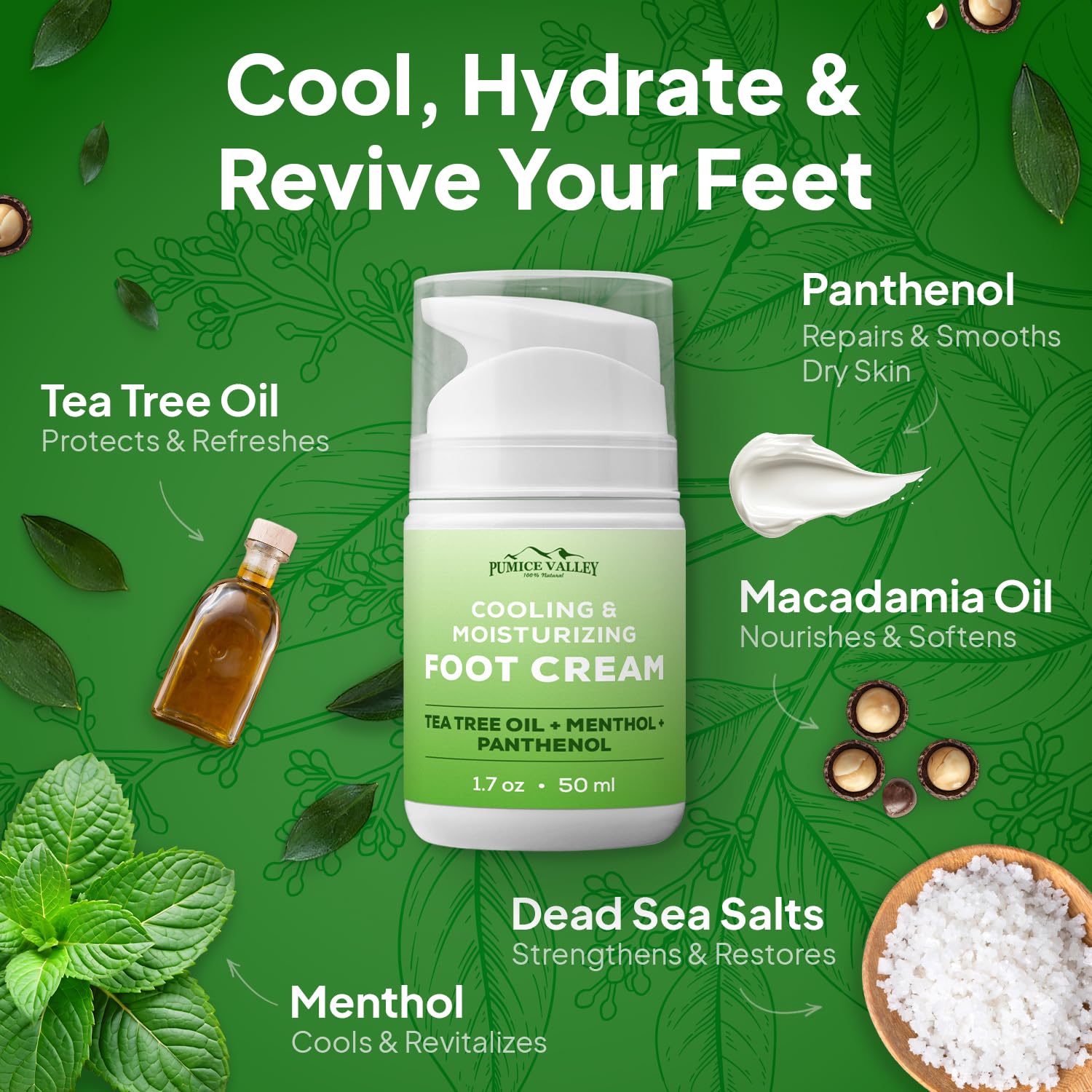 Pumice Valley 2 Pack Foot Cream – Dry Feet & Cracked Heels, Tea Tree, Menthol, Panthenol | 1.7 oz