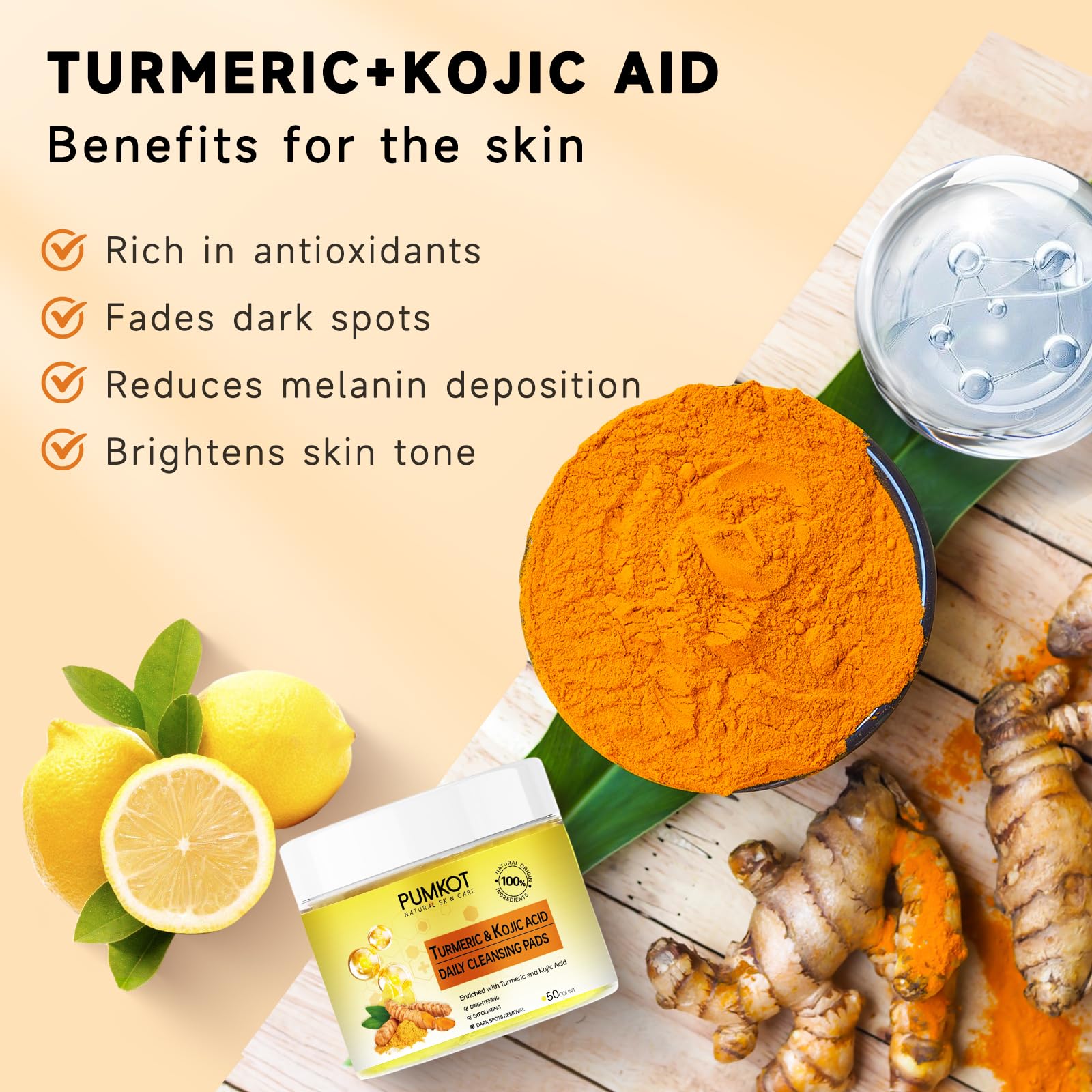 Pumkot Turmeric Kojic Acid Cleansing Pads – Gentle Exfoliation & Deep Clean (50 PCS)