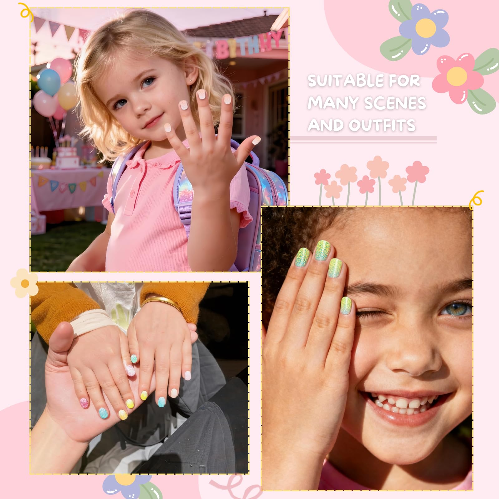 Pumkryth 120pcs Kids Press-On Nails – Glitter Short Fake Nails with Glue Tabs