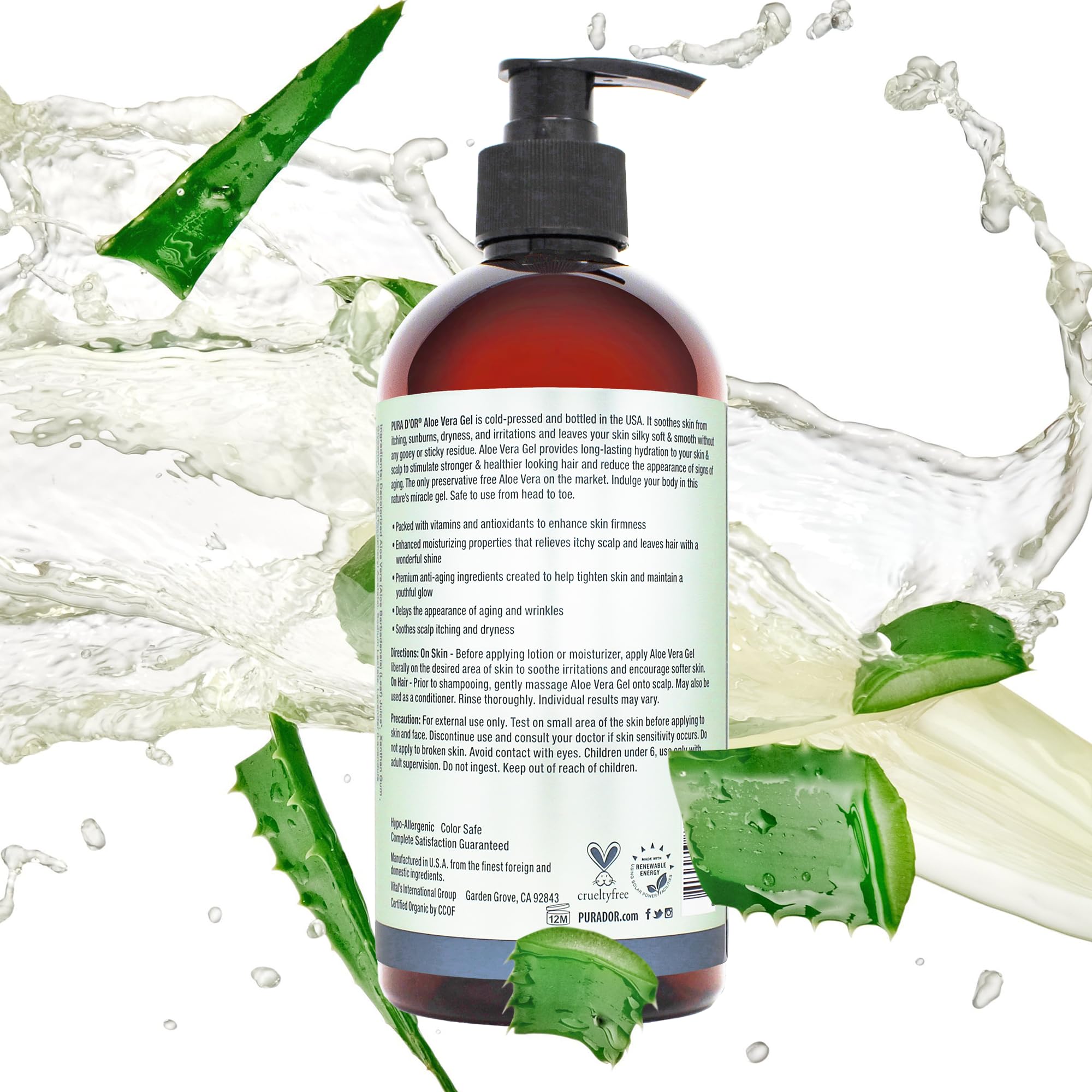 PURA D'OR 16 oz Organic Aloe Vera Gel – Lavender – Deep Hydration, All Natural, No Artificial Preservatives