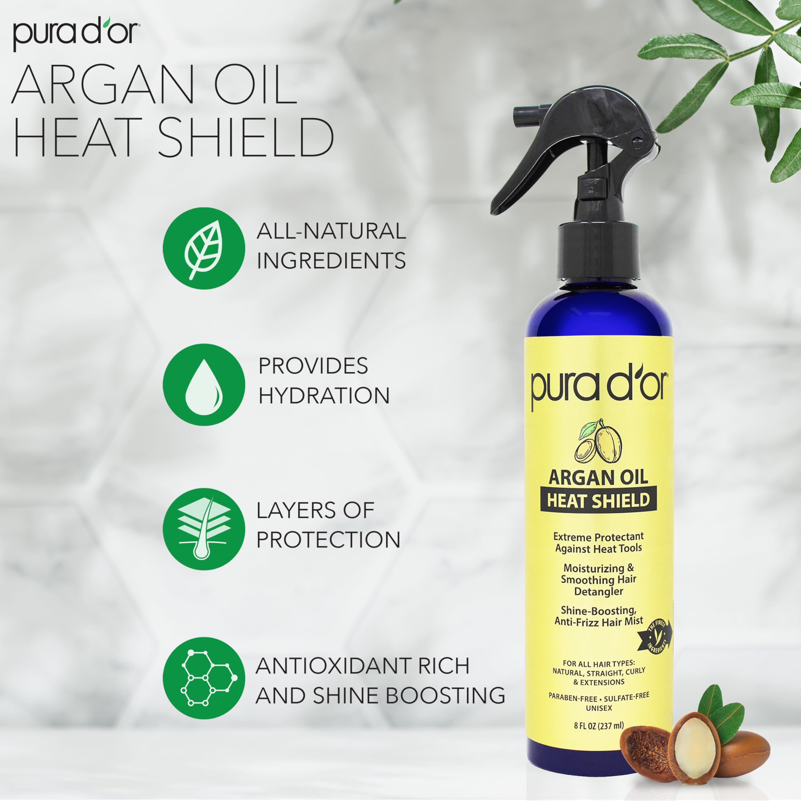 PURA D'OR 8 Oz Argan Oil Heat Shield Protectant Spray — Up To 450°F