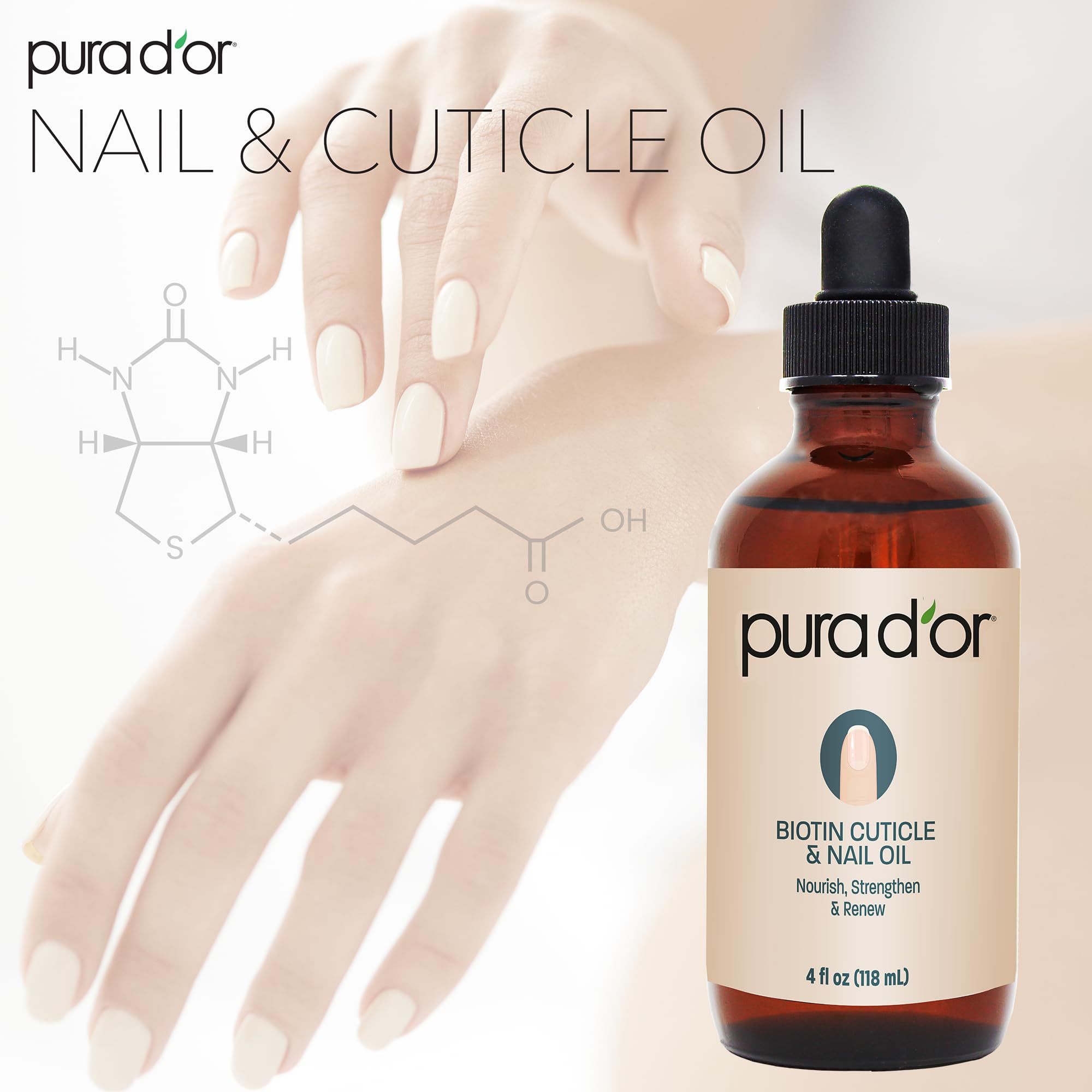 PURA D'OR 4 Oz Nail & Cuticle Oil — Biotin, Vitamin E Nourishing Treatment