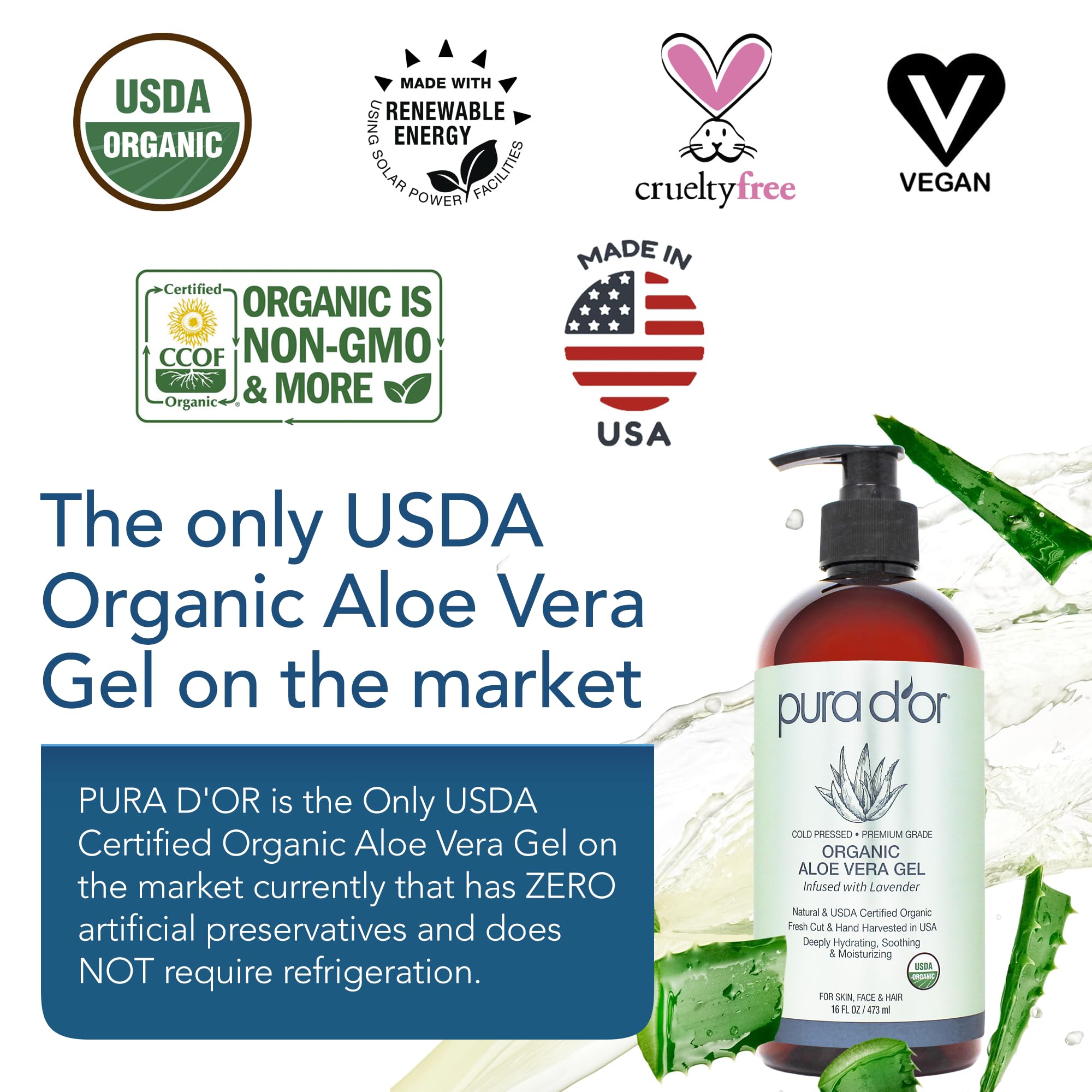 PURA D'OR 16 oz Organic Aloe Vera Gel – Lavender – Deep Hydration, All Natural, No Artificial Preservatives