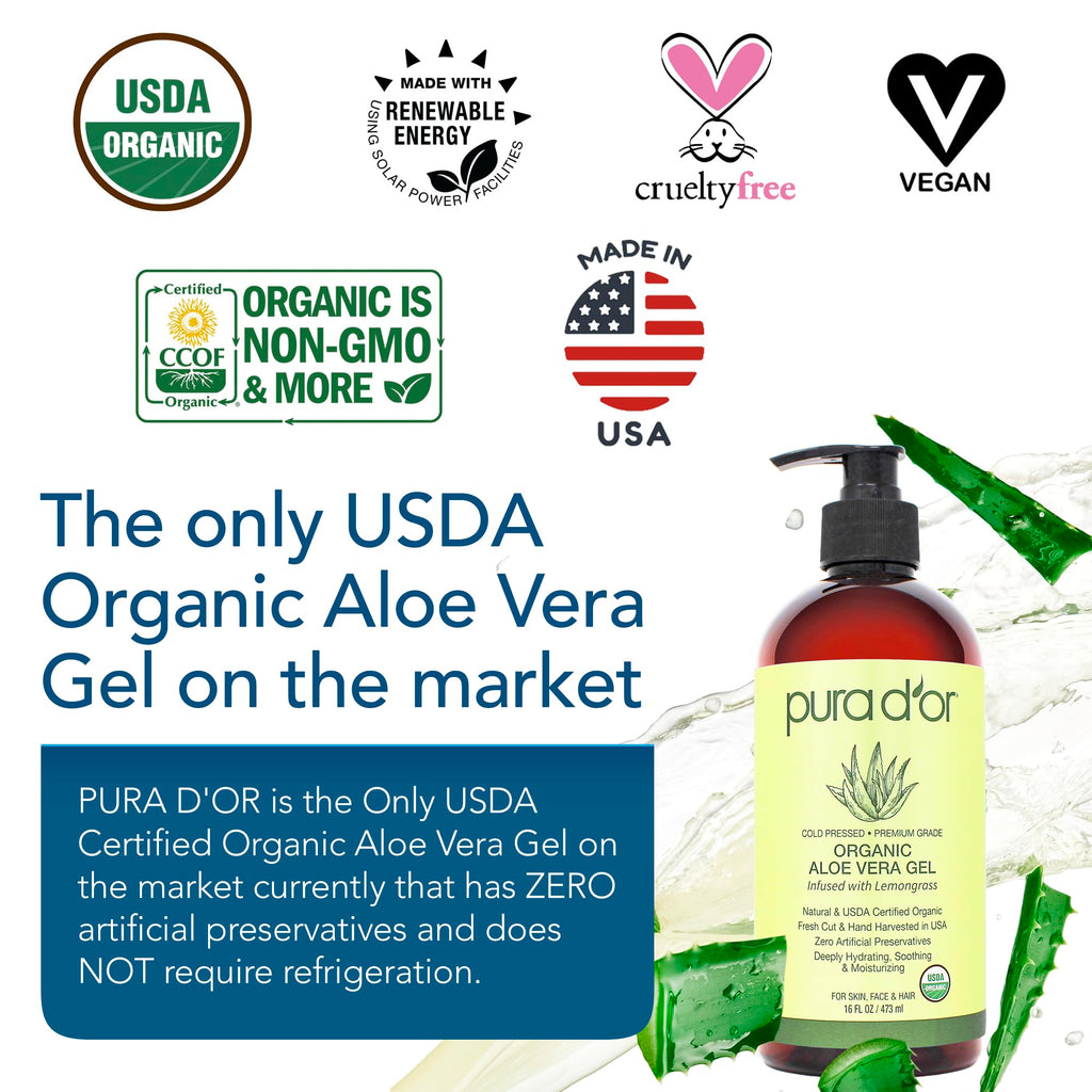 PURA D'OR 16 Oz Organic Aloe Vera Gel with Lemongrass – Deep Hydration, Zero Artificial Preservatives