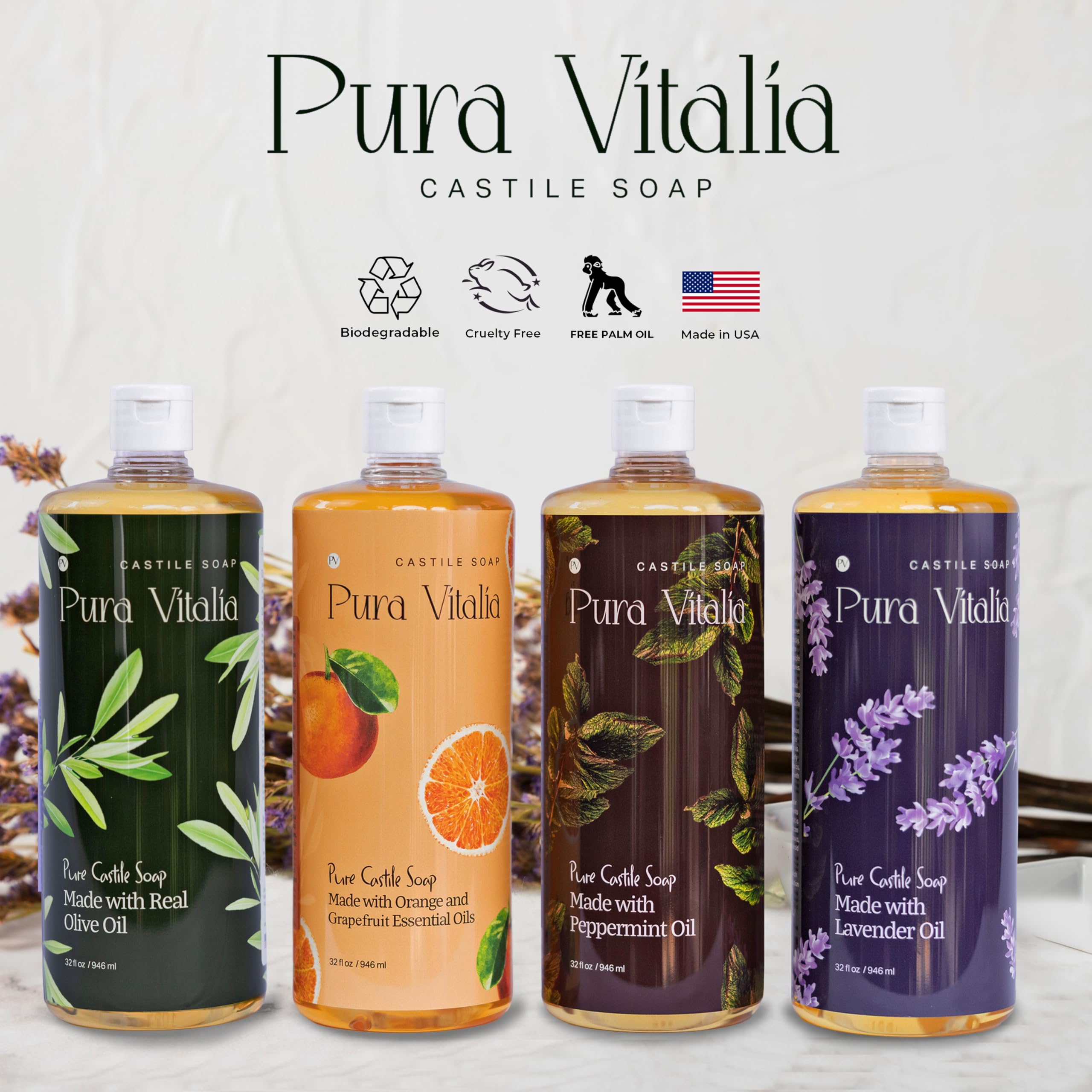Pura Vitalia Peppermint Organic Castile Soap | Gentle Body Wash for Face & Hands | Palm Oil Free & Vegan | 32 oz