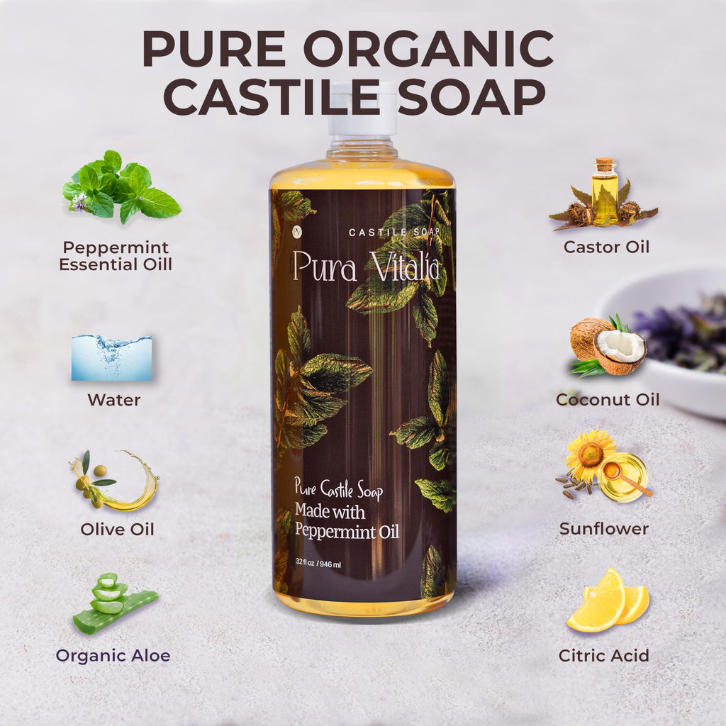 Pura Vitalia Peppermint Organic Castile Soap | Gentle Body Wash for Face & Hands | Palm Oil Free & Vegan | 32 oz