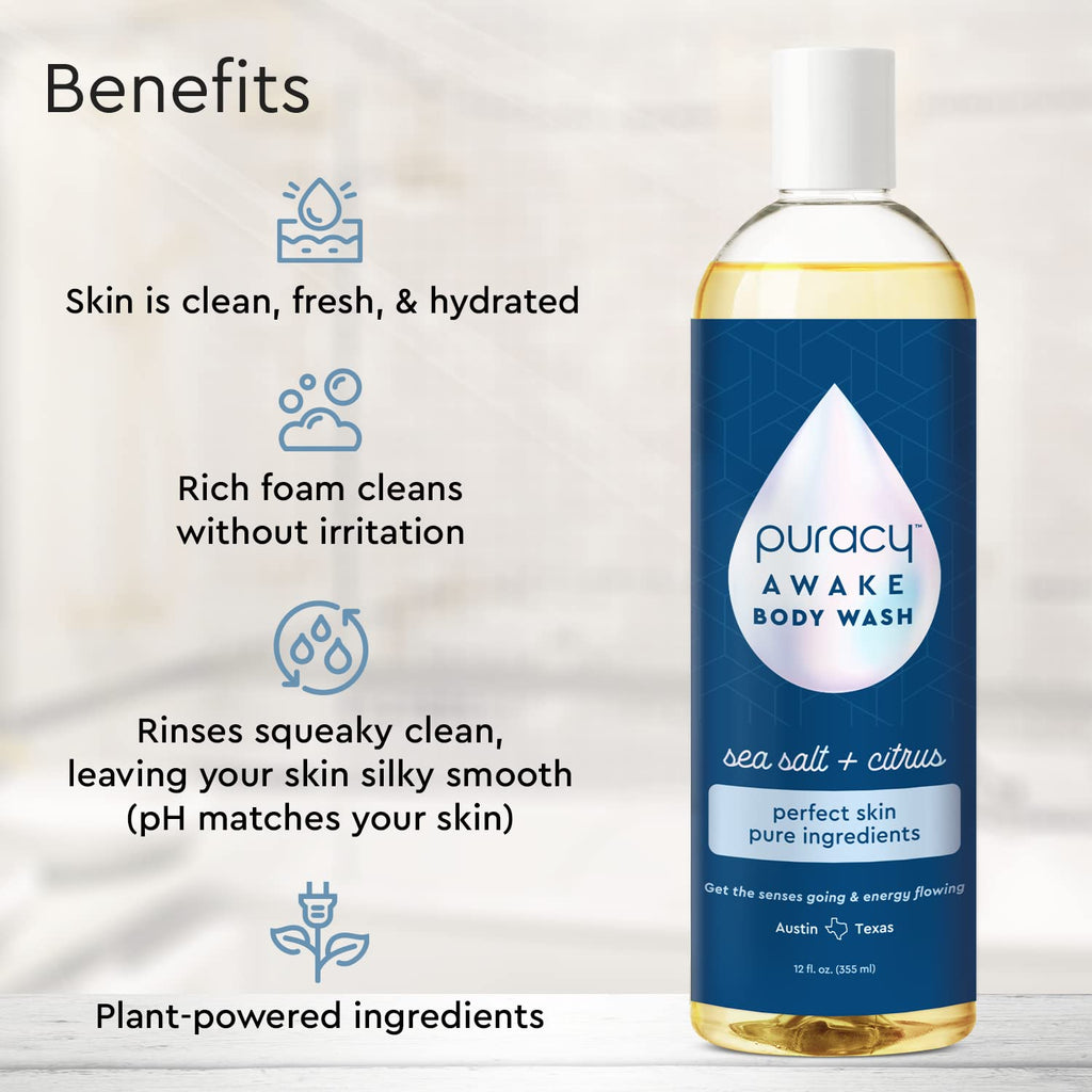 Puracy Body Wash - Natural Plant-Based Hydrating Shower Gel for Sensitive Skin, Citrus Sea Salt 12 oz