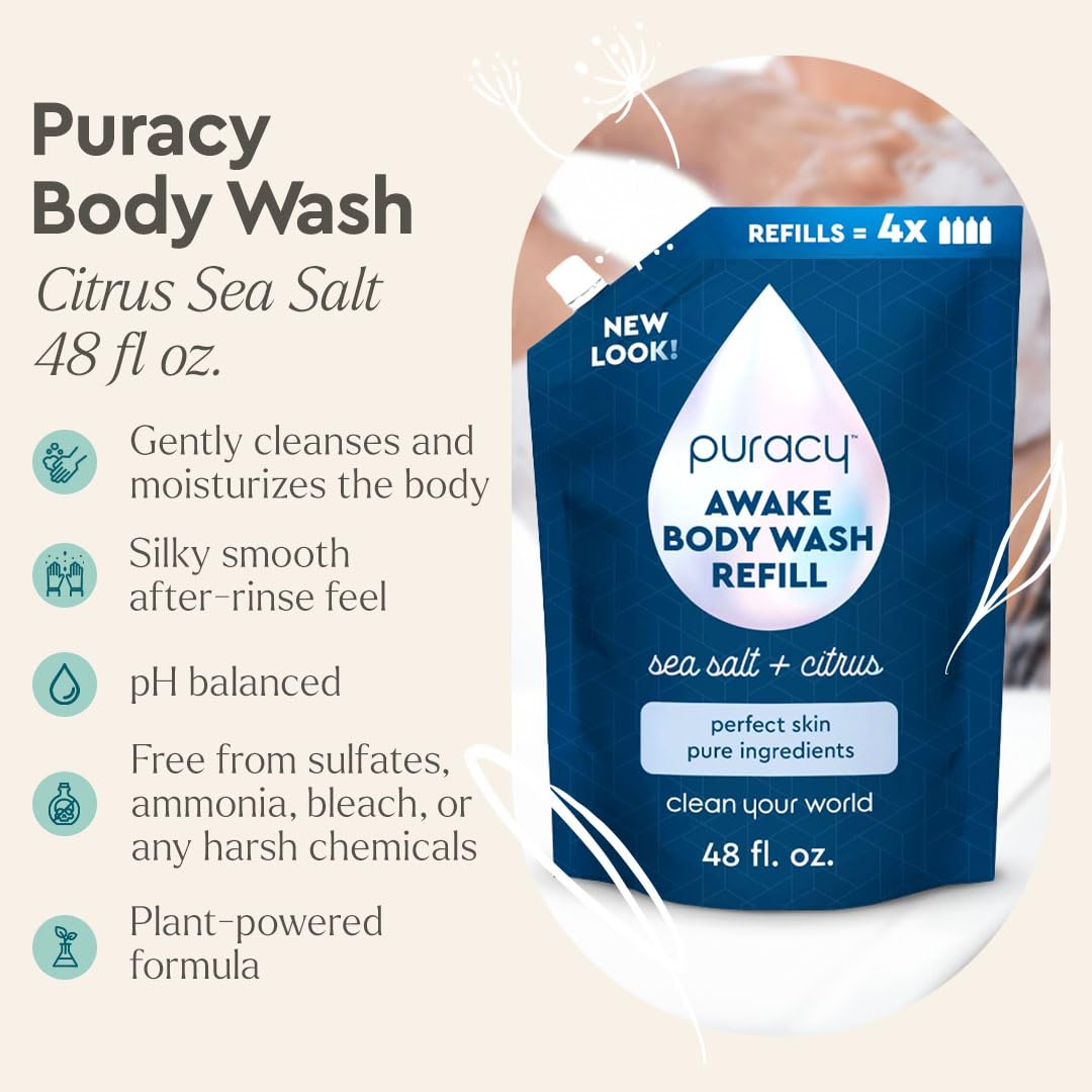 Puracy Body Wash Refill – 98.95% Plant-Powered, Citrus & Sea Salt, 48 oz