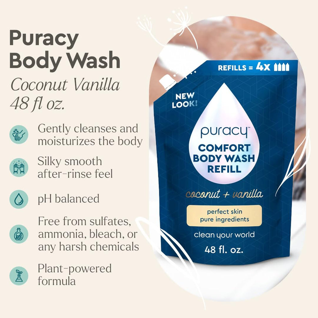 Puracy Body Wash – Natural Plant-Powered Shower Gel for All Ages (Coconut Vanilla, 48 oz Refill)