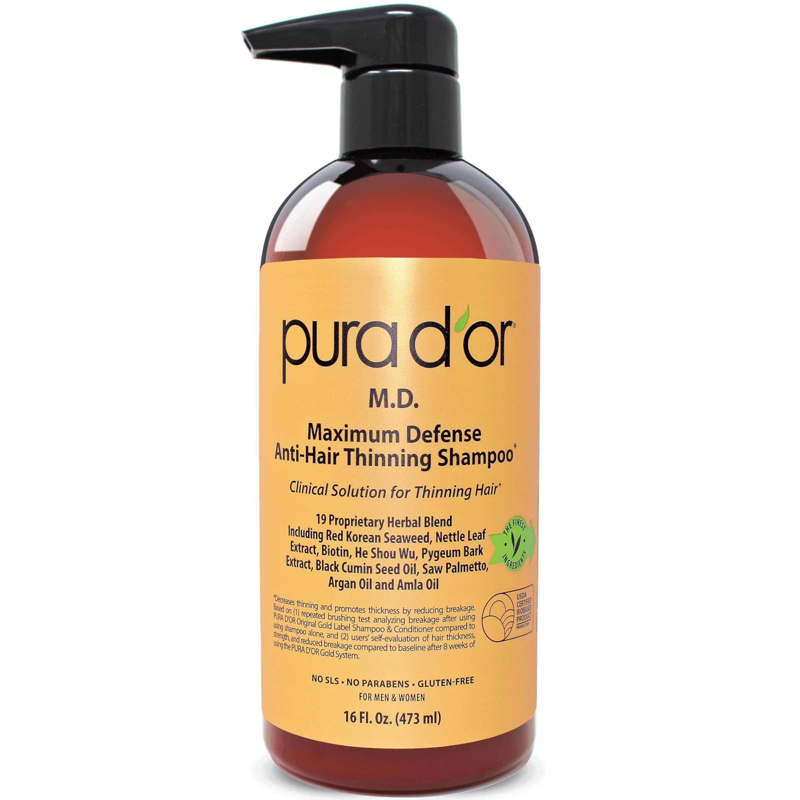 PURA D'OR 16oz Maximum Defense Shampoo – Anti-Hair Thinning with 0.5% Coal Tar, Biotin, Herbal Blend, No Sulfates